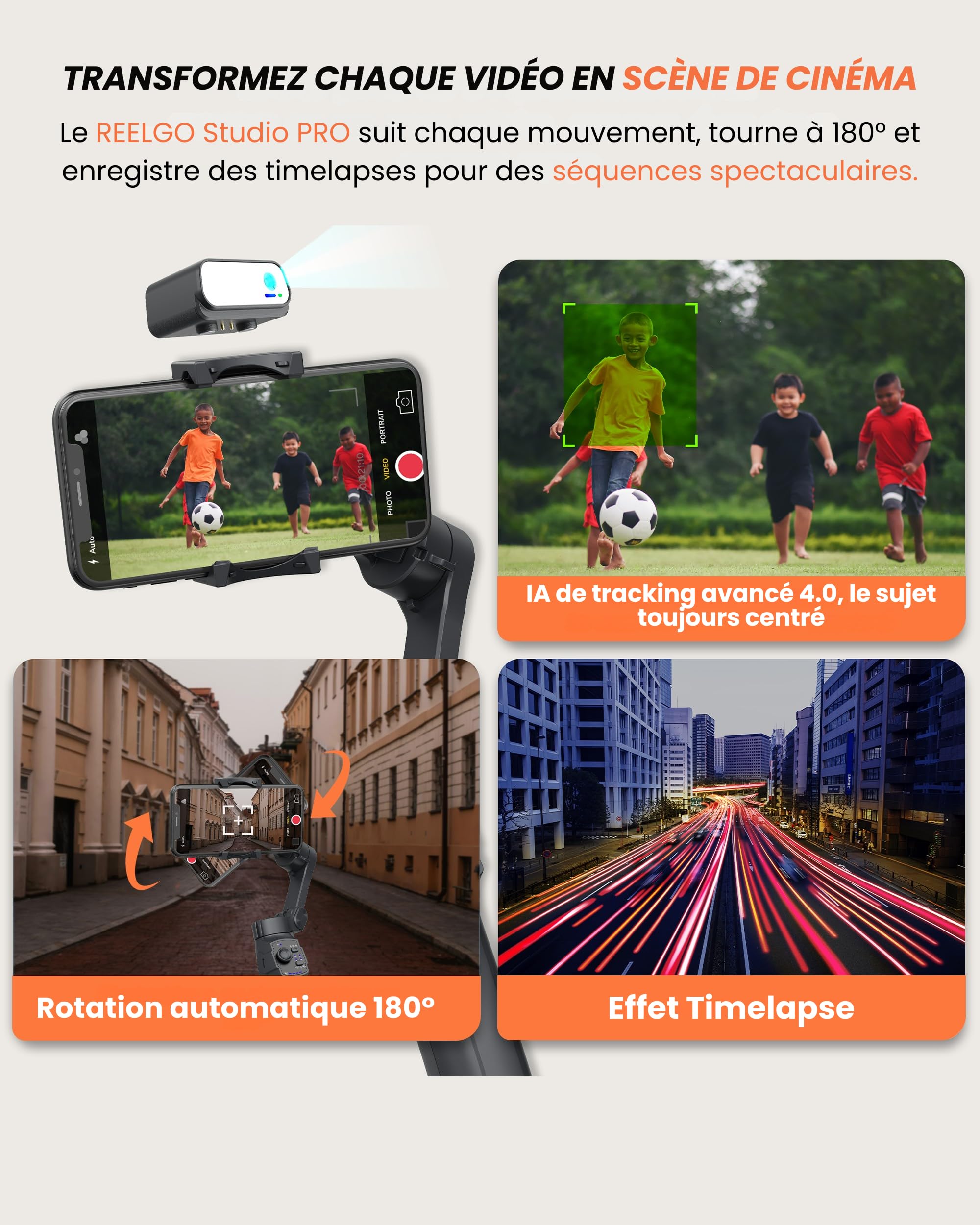 Studio Pro – Stabilisateur Smartphone 3 Axes avec Suivi IA, Éclairage LED, Micro-Cravate, Trépied Intégré & Batterie 13H | Gimbal compatible avec Iphone telephone Android | Kit Créateurs & Pros