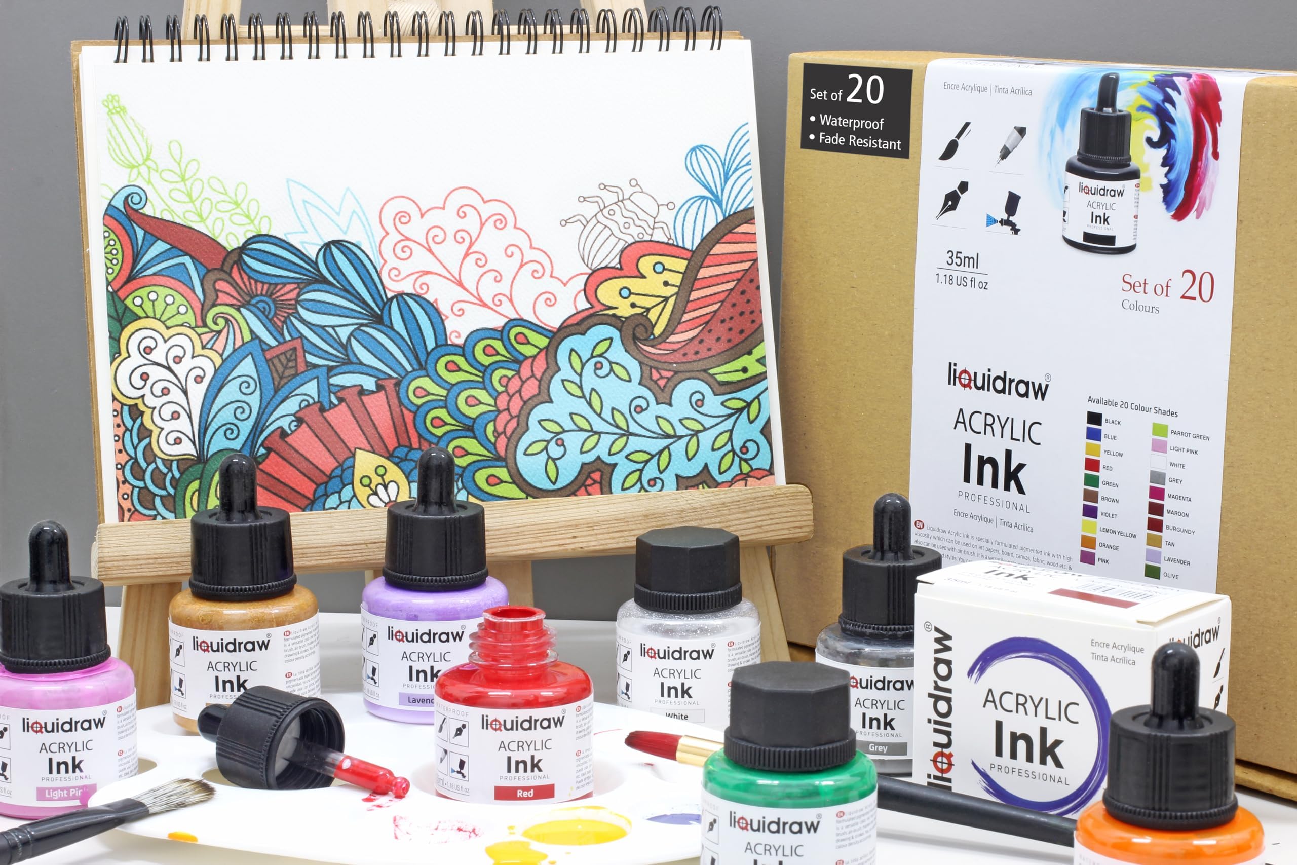 Liquidraw Encre à dessin acrylique – 20 couleurs assorties | Flacons de 35 ml avec compte-gouttes | Convient pour la peinture, l'art, le dessin et le design | Pour les professionnels, les artistes