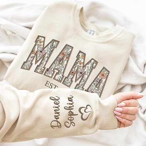 Miniatura 7 de UrbanNEST Sudadera Personalizada con Apliques Bordados Florales Mama para Mujeres, Regalos Personalizados de Mama de los Nietos, Suéter de Mamá,