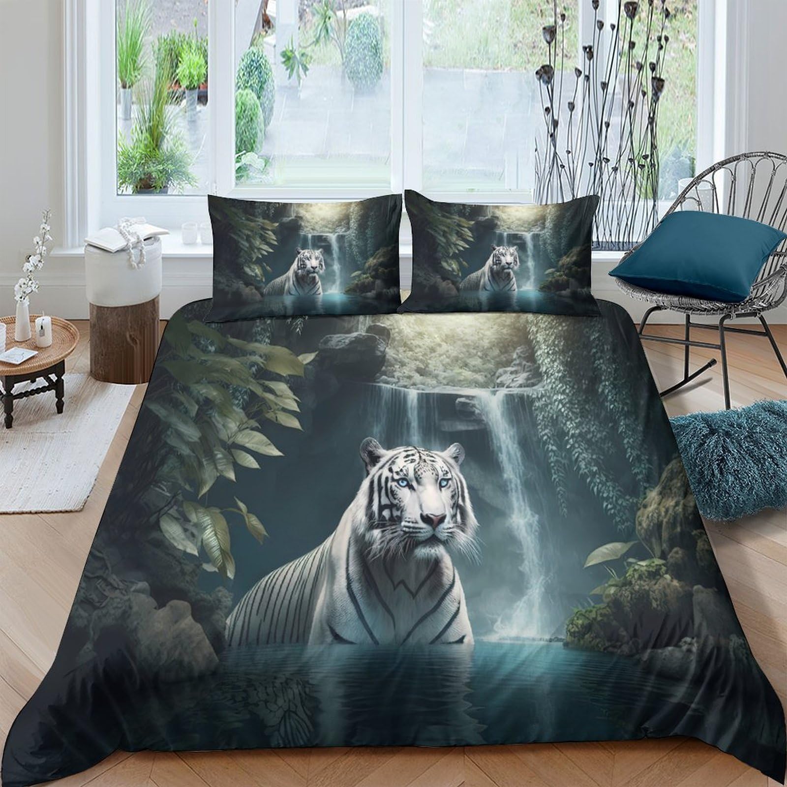 Ctjqhvkz Style-3 3D Printed White Tiger Waterfall Fitted Sheet Microfiber Soft Anti-Slip Bed Cover For Bedroom Guestroom Decor Single（135X200cm）