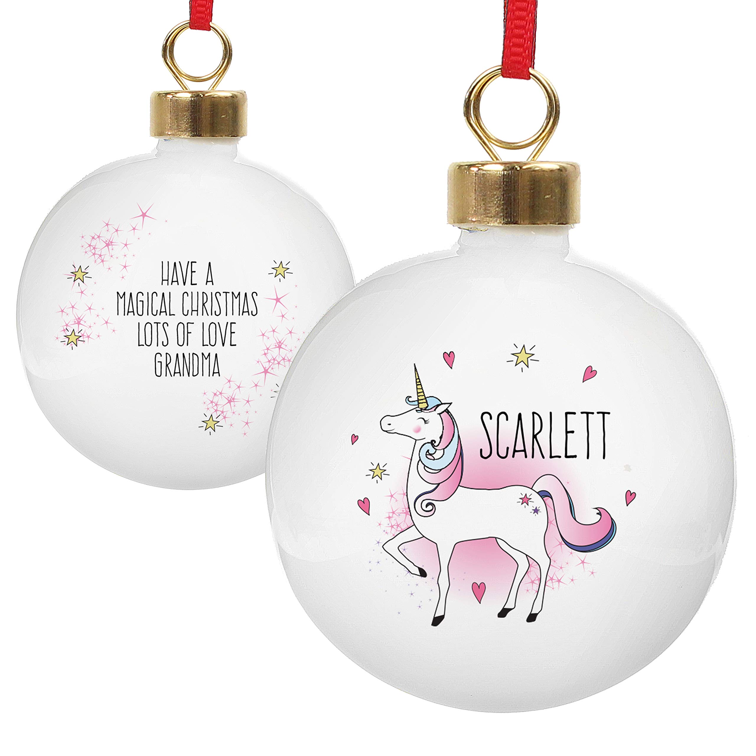 White Caleli Gifts Personalised Unicorn Bauble. Ceramic Christmas Bauble