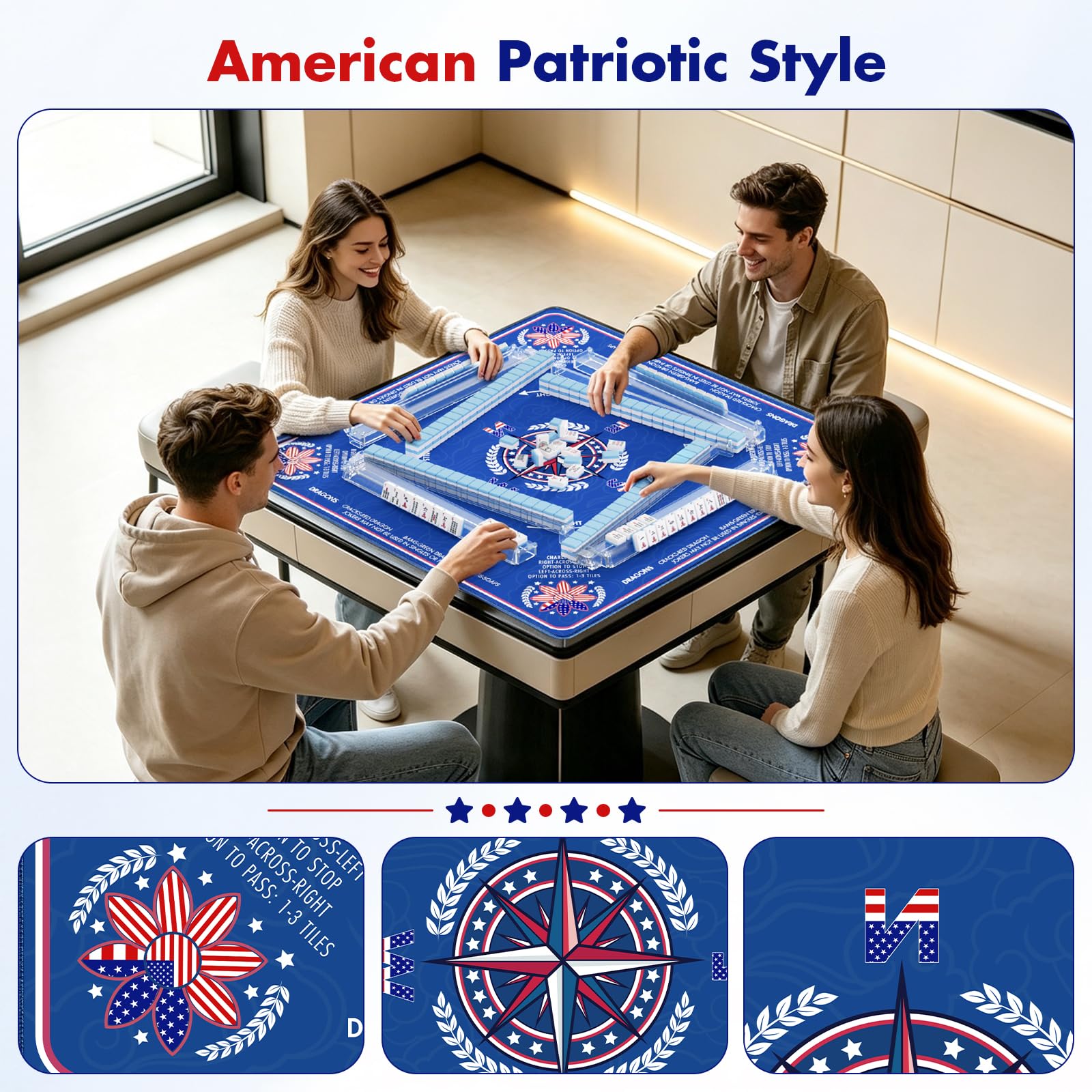Tapis Mahjong avec règles et thème américain, 83,8 x 83,8 cm, nappe | Tapis de mahjong américain avec sac de transport pour dominos poker et jeux de cartes, tapis de jeu en caoutchouc pour table