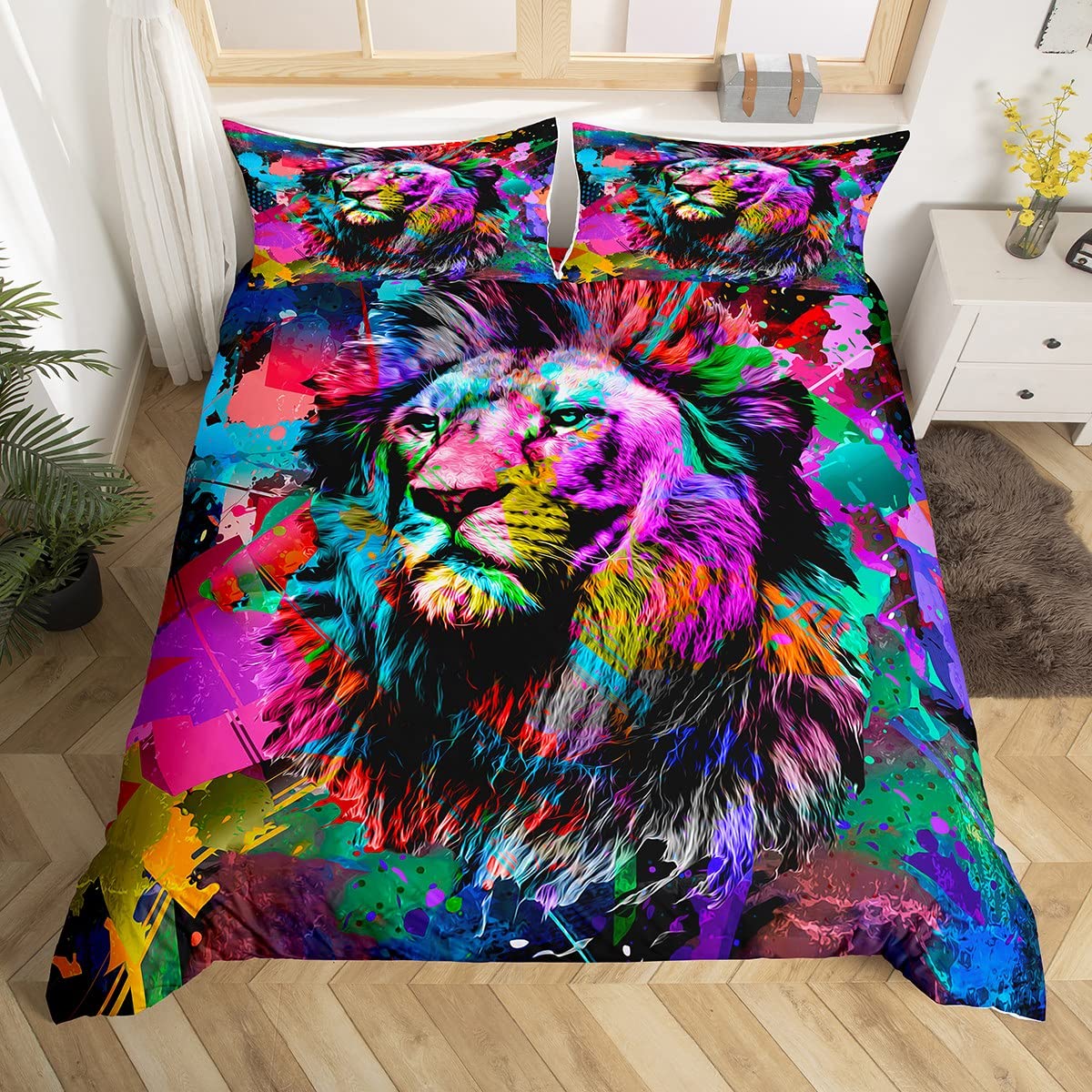 Lion Duvet Cover Single Size,100% Microfiber Wild Animal Bedding Set Tie Dye Soft 3D Comforter Watercolor Colorful Bedspread Cover,Zipper โ image 1