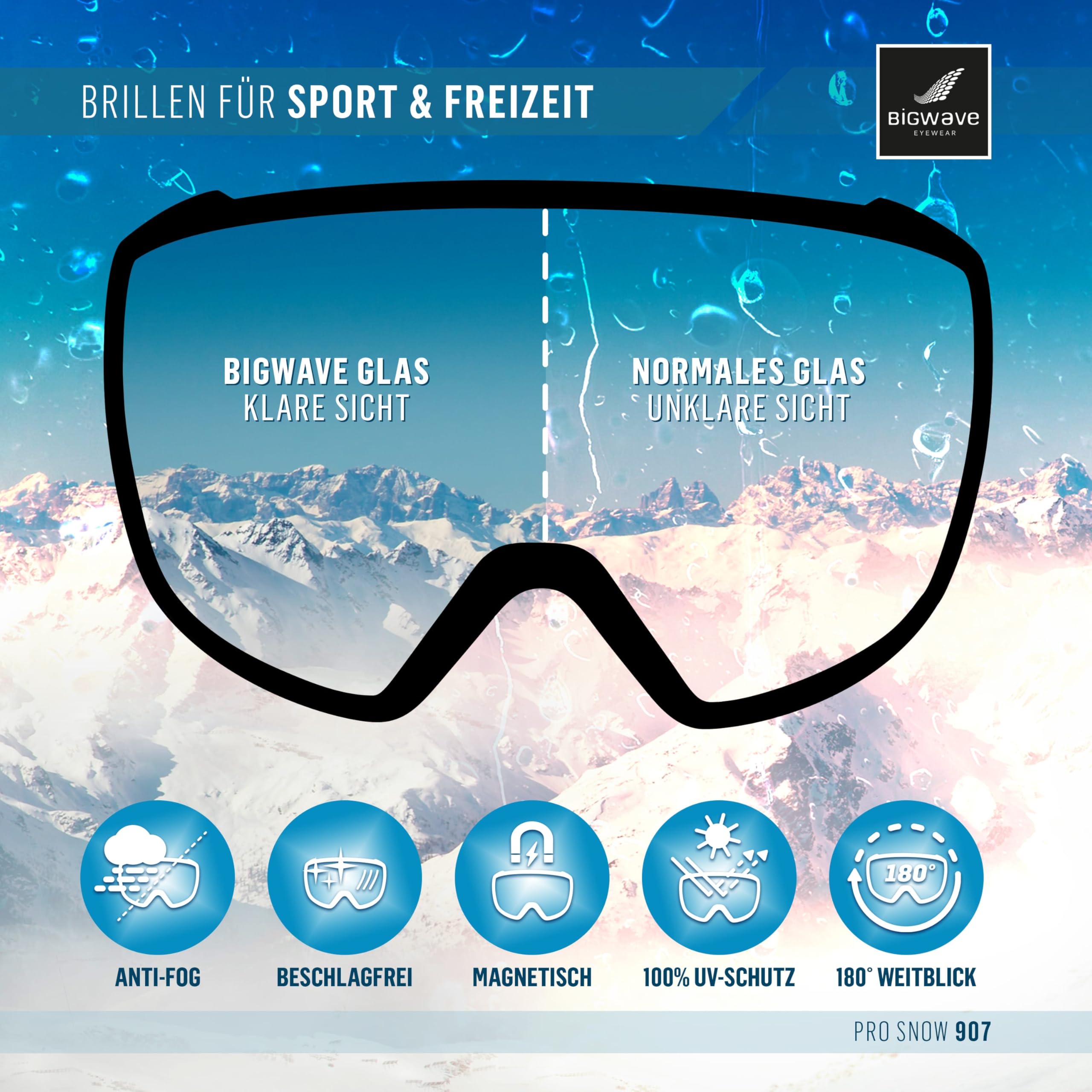 BIGWAVE Pro-Snow 907 Skibrille, Snowboardbrille im Deluxe-Set mit 2 magnetischen Wechselgläsern, UV 400, Anti-Fog, für Damen, Herren, inkl. Case, Beutel, Putztuch