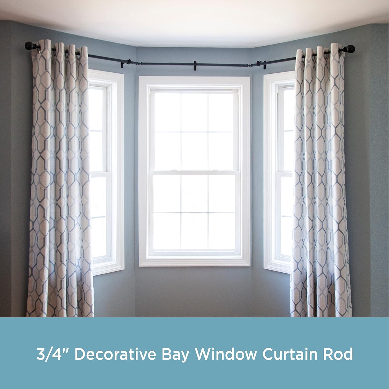 Kenney KN80707 Bryce Ball End Decorative Bay Window Curtain Rod, 78-144" Adjustable Length (22-37" Adjustable Sides, 28-72" Adjustable Middle) Black Finish, 3/4" Diameter Steel Tube