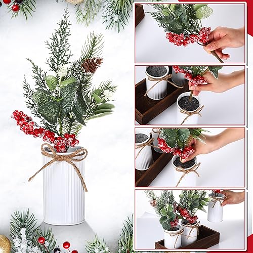 Miniatura 6 de Centros de mesa de Navidad, bayas rojas, piñas artificiales de Navidad, ramas de nieve, púas con caja de madera para decoración rústica de invierno,