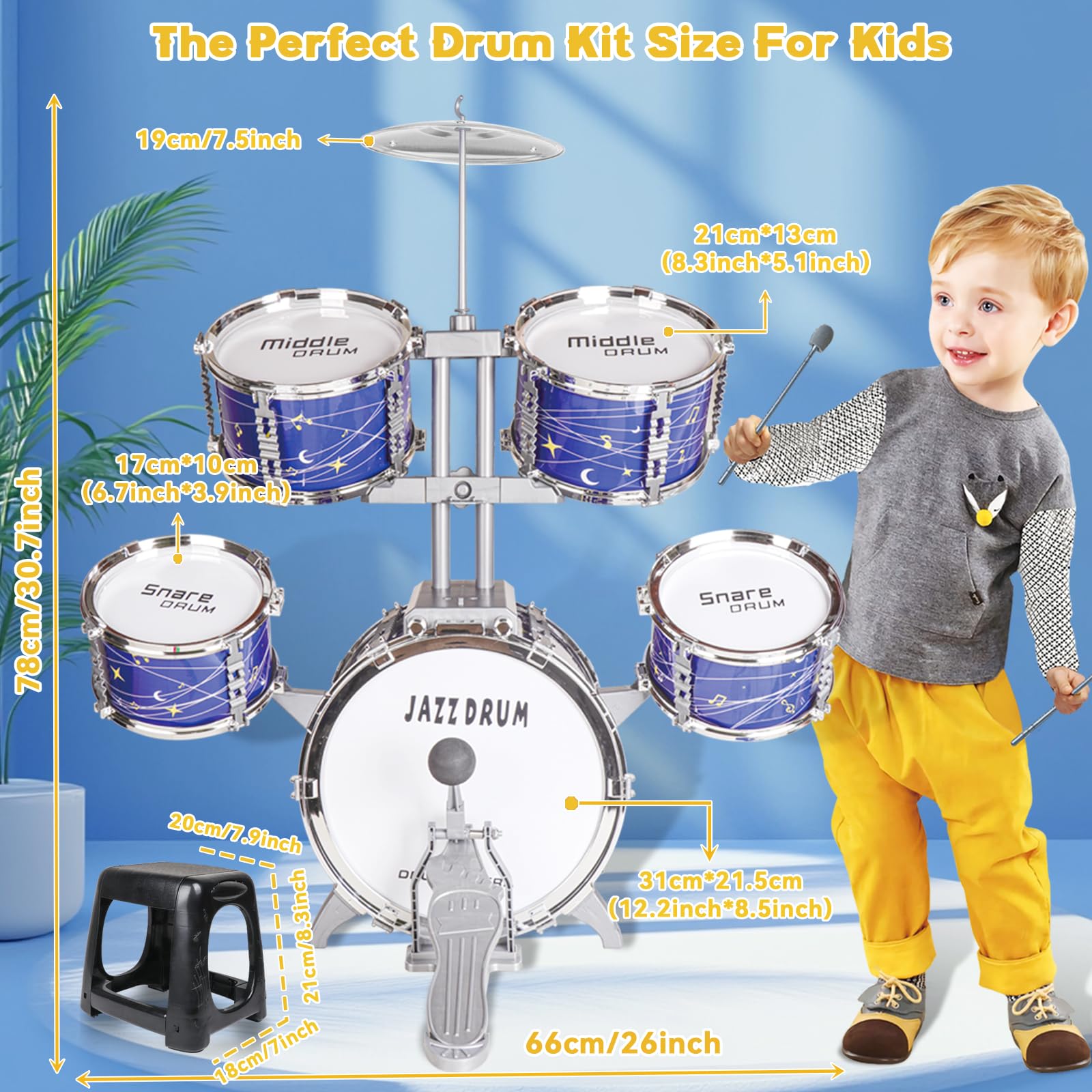 Batteria per Bambini Piccolo da 1 a 3 Anni, Upgrade Jazz Tamburi e Percussioni 3 a 5 Anni con Sgabello, Giocattolo Compleanno Educazione Precoce Regalo di Natale per 2 3 4 5 6 Anni Ragazze Ragazzi