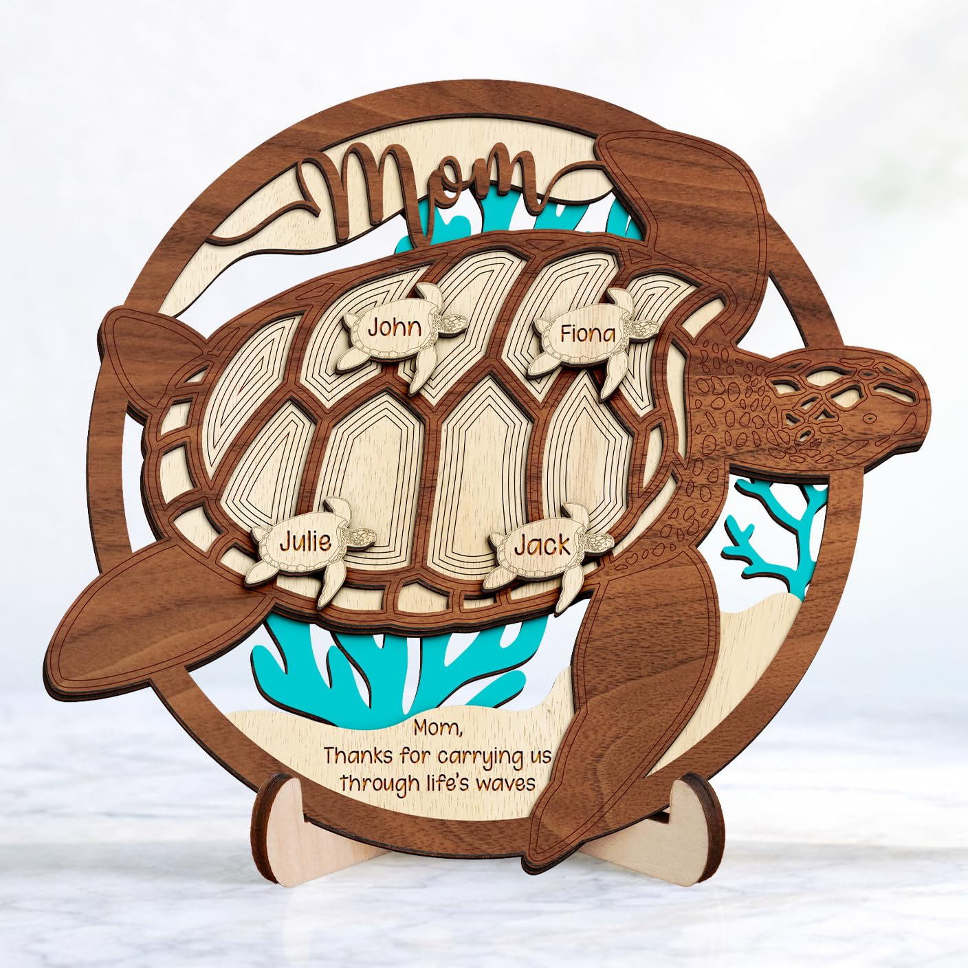 Personalized Sea Turtle Family Sign for Mom, Custom Wooden Little Turtles Plaque with Kids Names, Mother’s Day Birthday Gift for Mom, Grandma, Memaw, Turtle Gifts for Women, Office Home Decor