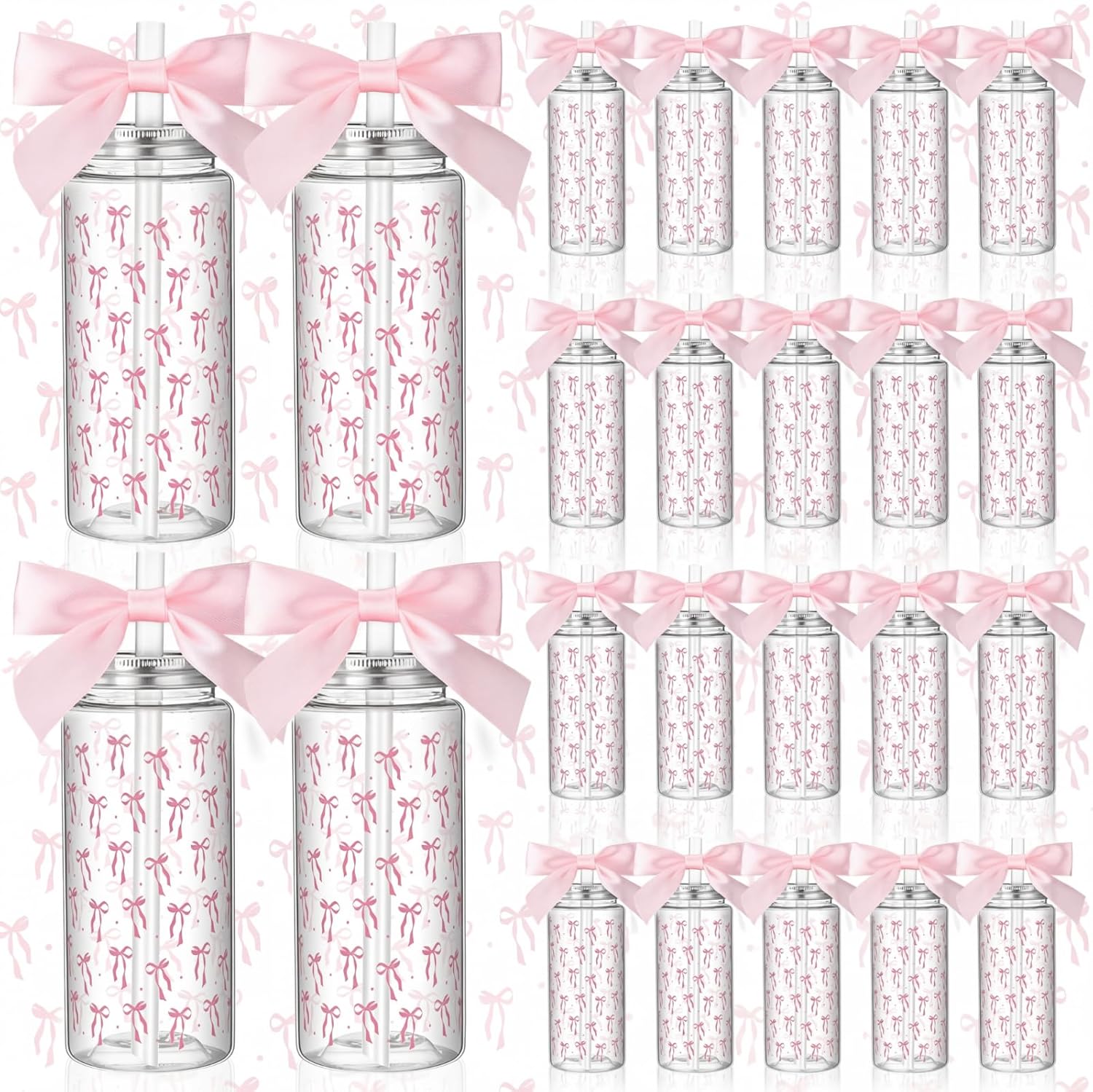 Pink 24 Pcs Bow Gift Cups Bulk for Women Girls Birthday Party Favors Supplies 14 oz Reusable Plastic Tumbler Cup with Lids Straws Pastel Coquette Bow Gifts Cups for Party Decorations