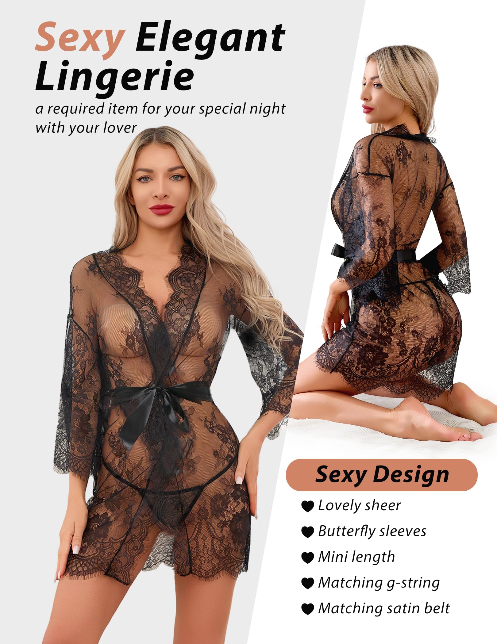 Narcisse Women's Lace Kimono Robe Mesh Nightgown Chemise Babydoll Cover Up Purple/Black/Red Robe with Belt
