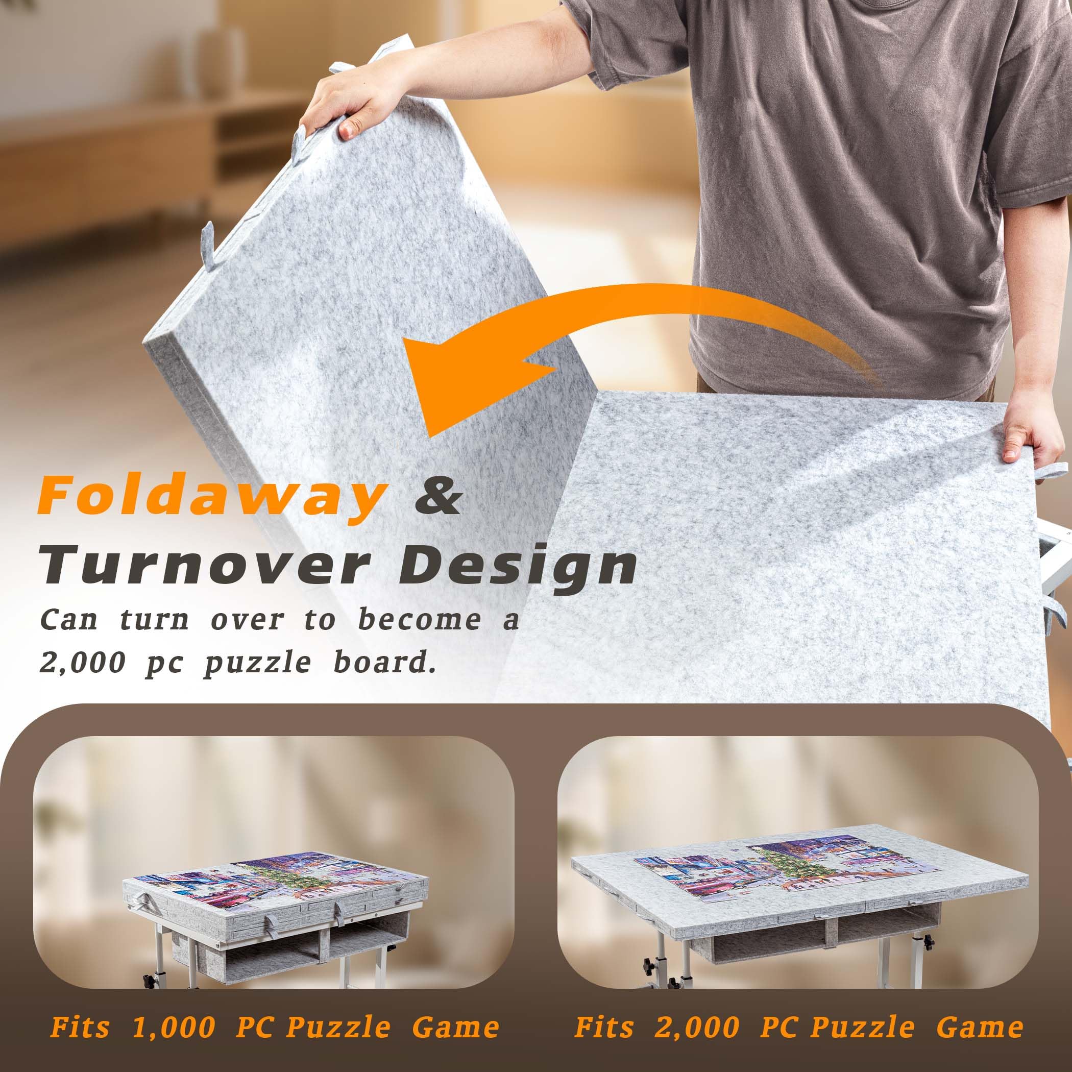Tektalk Jigsaw - Lot de 2000 Puzzles Pliables en Feutre - avec réglage de la Hauteur - pour Adultes - avec 2 couvertures et 8 Plateaux de tri - Facile avec Jambes - avec 4 Roues à roulettes - Gris