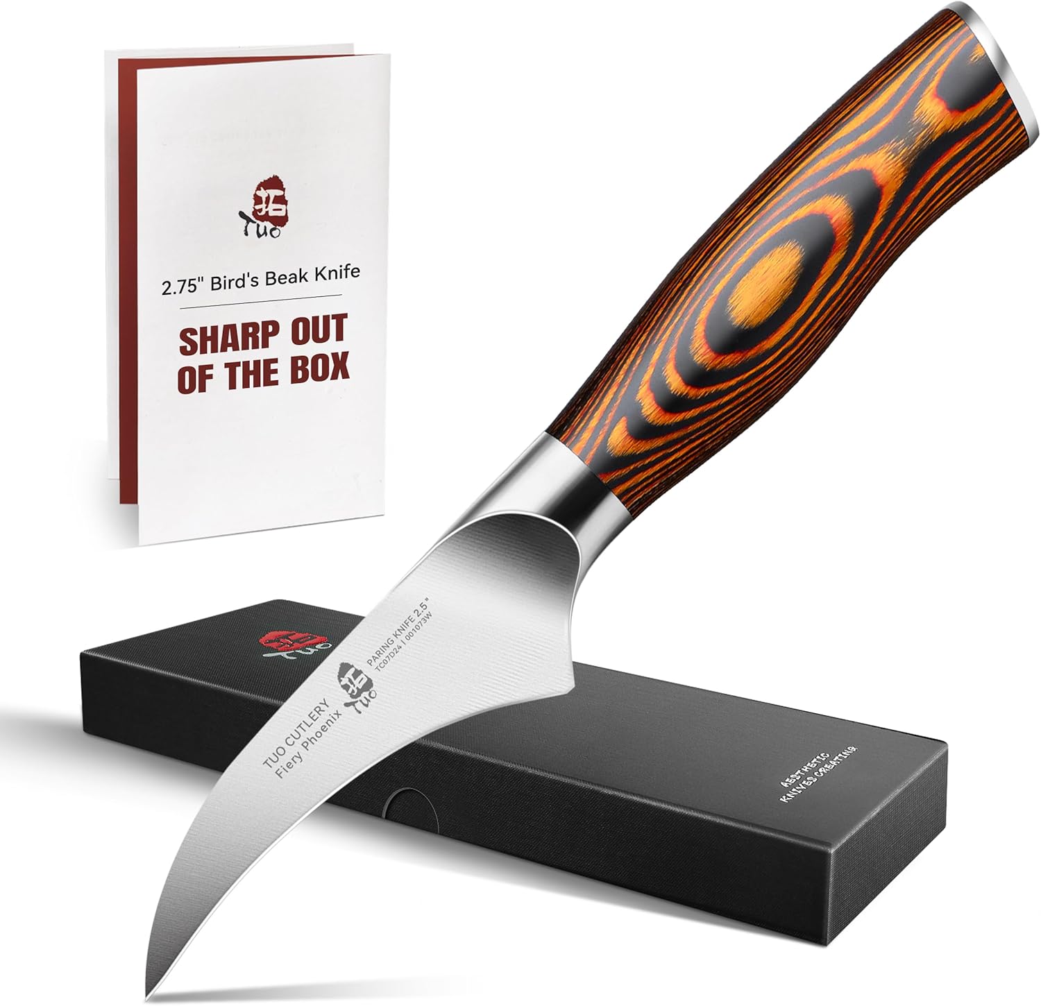 TUO Bird-Beak Paring Knife, Handy Peeling Knife, German X50CrMoV15 Stainless Steel, Full Tang Eye-catching Ergonomic Pakkawood Handle, Razor Sharp Stain Rust Resistant, Fiery Series, 2.5 inch