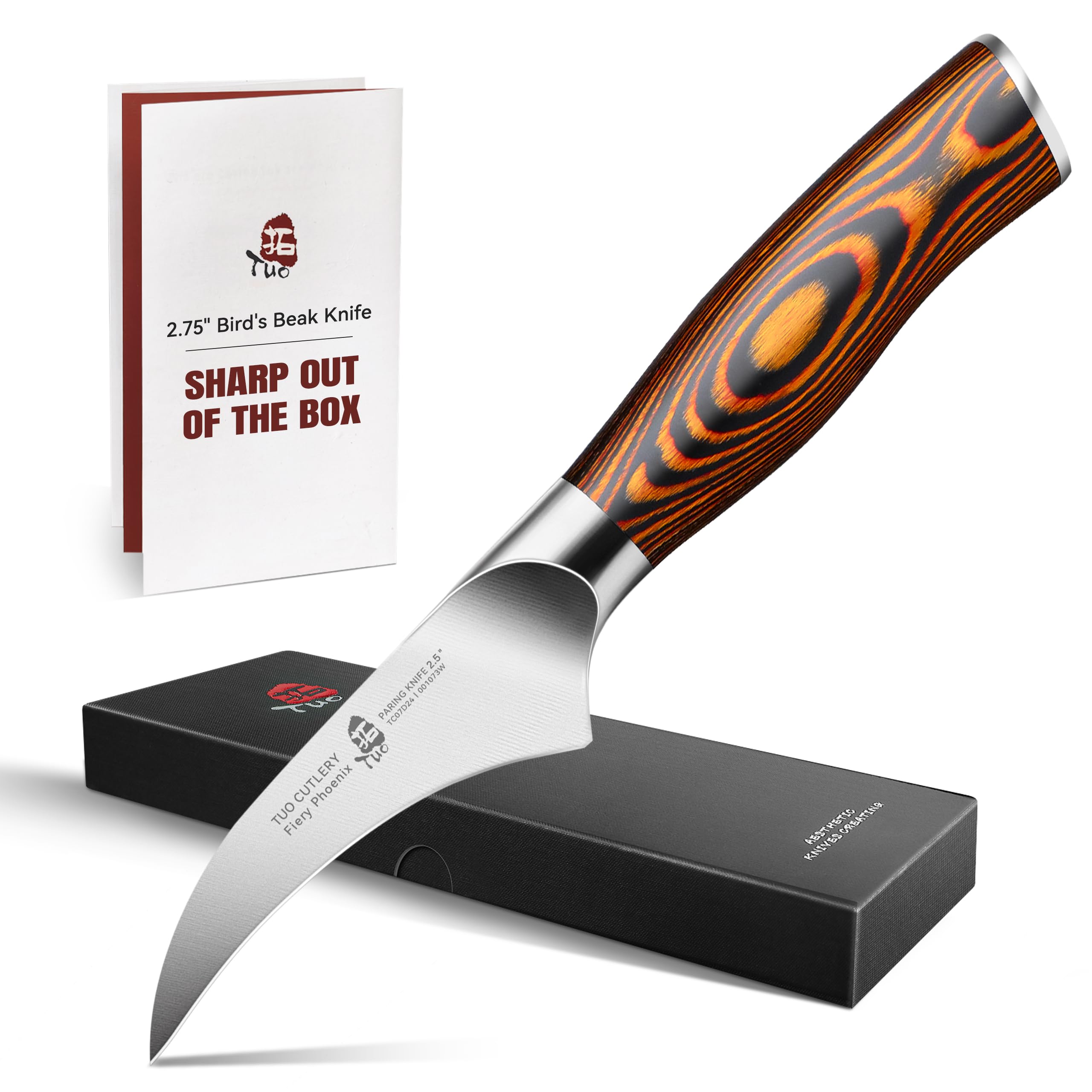 TUOBird-Beak Paring Knife, Handy Peeling Knife, German X50CrMoV15 Stainless Steel, Full Tang Eye-catching Ergonomic Pakkawood Handle, Razor Sharp Stain Rust Resistant, Fiery Series, 2.5 inch