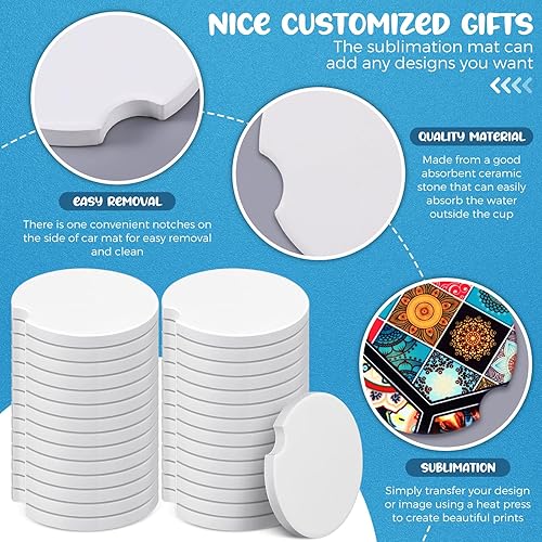 Miniatura 3 de Frienda Portavasos de cerámica para sublimación de automóvil, arenisca para taza de automóvil con muesca para el dedo para una fácil extracción,