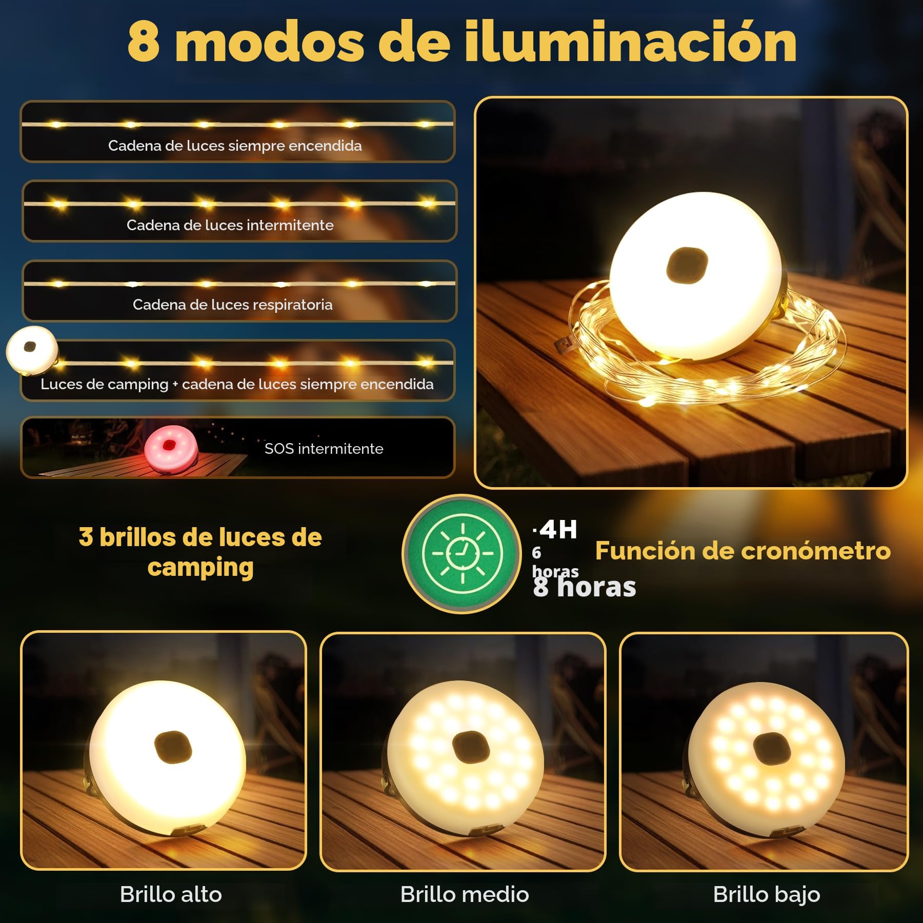 10M Retráctil Cadena de Luces para Camping,3 en 1 portátil para exteriores a de Impermeable Lampara Camping,8 modos de iluminación,Solar y USB de carga,pour le Jardín,la décoration de patio