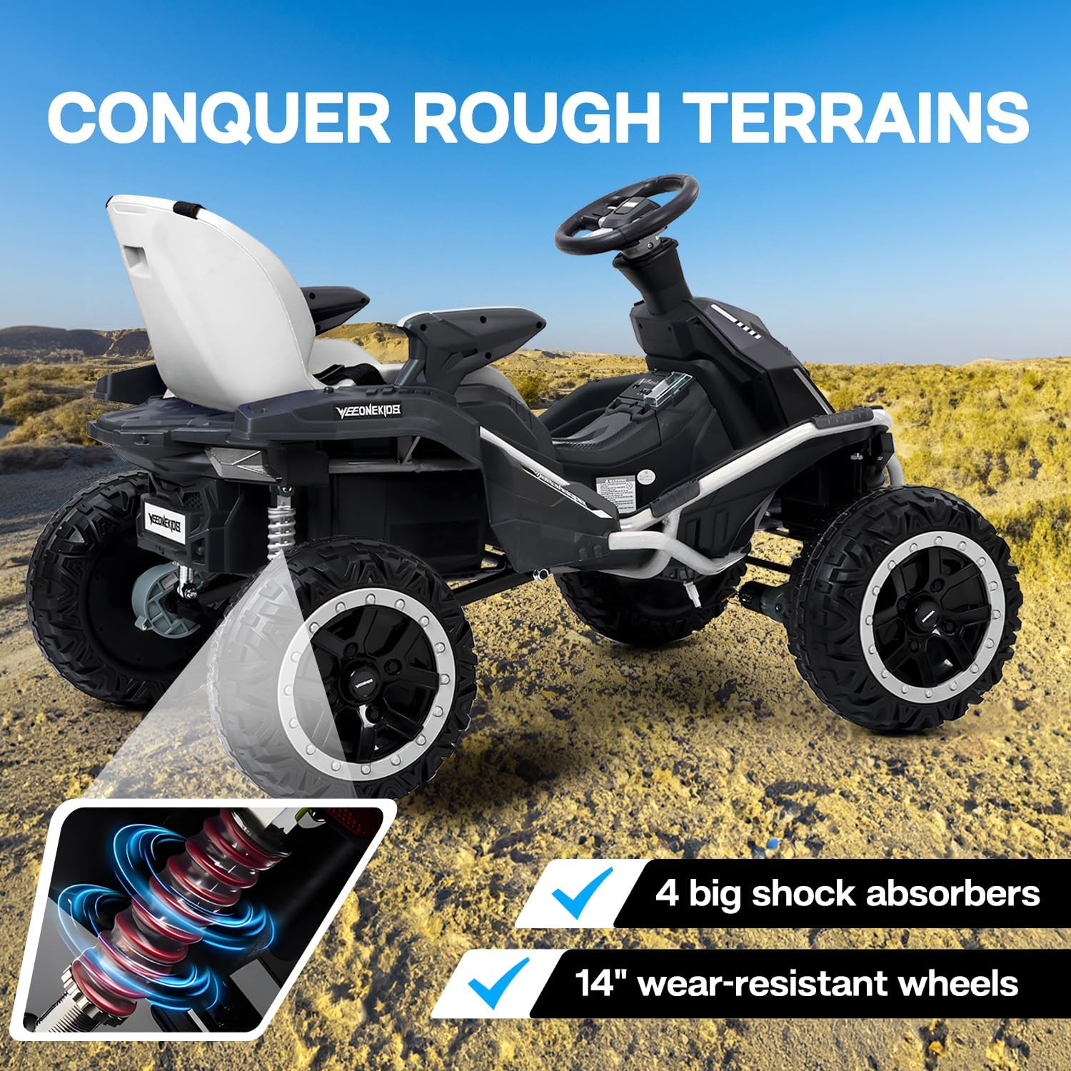 24V Ride on Toy for Big Children, Kids' Electric Vehicles Outdoor Race Toy with 4 Strong Motors Total 300W Bluetooth Speaker and 24V 7AH Big Battery, Adjustable Seat, Electric Cars (White)