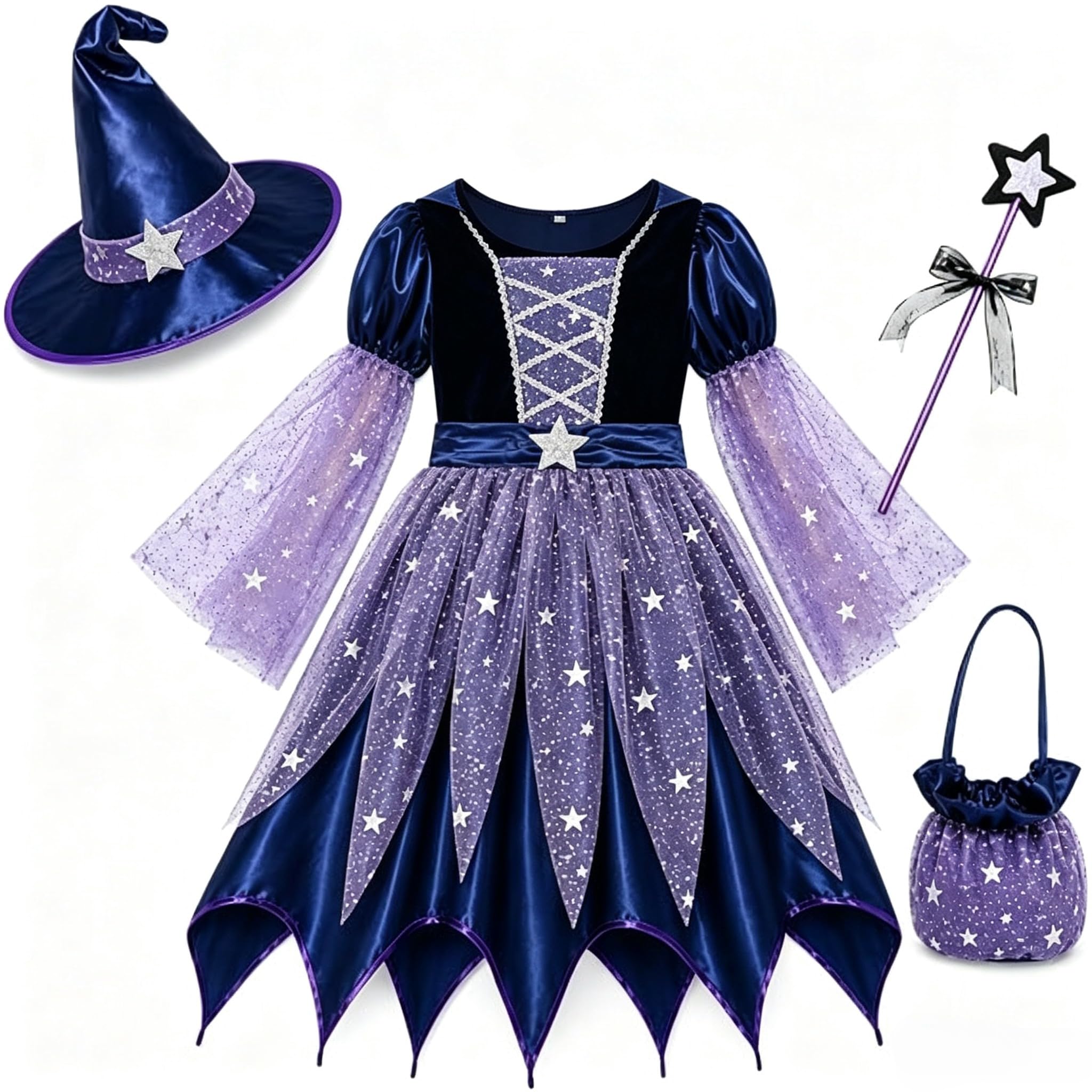 Halloween Witch Costume for Kids Girls Witches Dress Cosplay Witch Outfits with Hat Wand and Candy Bag — image 1