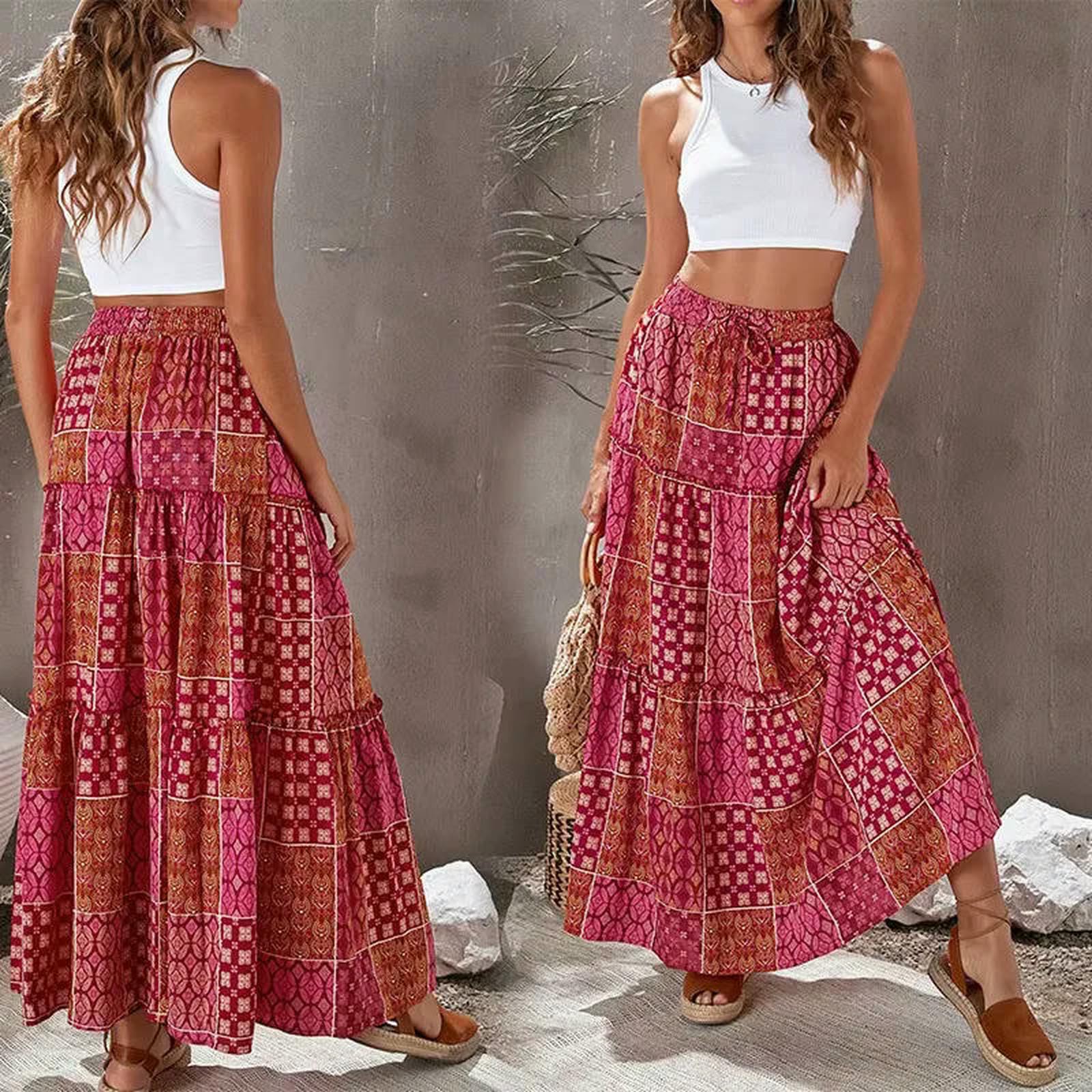 Gonna Lunga da Spiaggia Stile Bohémien Stampata retrò Estate Vintage Elastico in Vita Gonne Lunghe Abbigliamento Casual Donna Allentato-Rosso-XL