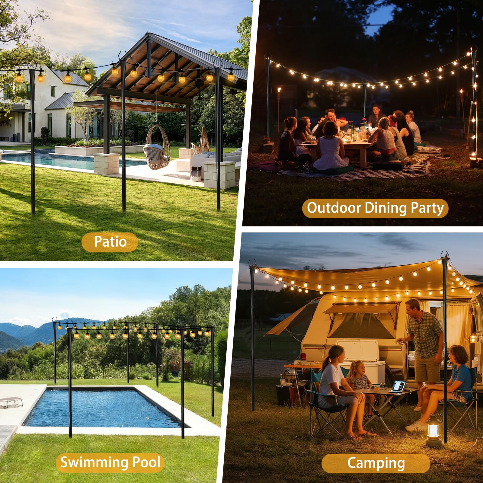 Confezione da 4 pali luminosi regolabili in metallo da 3 m, con forchetta per luci esterne, supporto per luci da esterno per patio, terrazza, cortile, giardino, feste, matrimoni