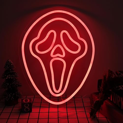 Letrero de neón LED rojo con calavera de fantasma y terror (1 paquete) decoración de habitación roja de Halloween, suministros de fiesta para