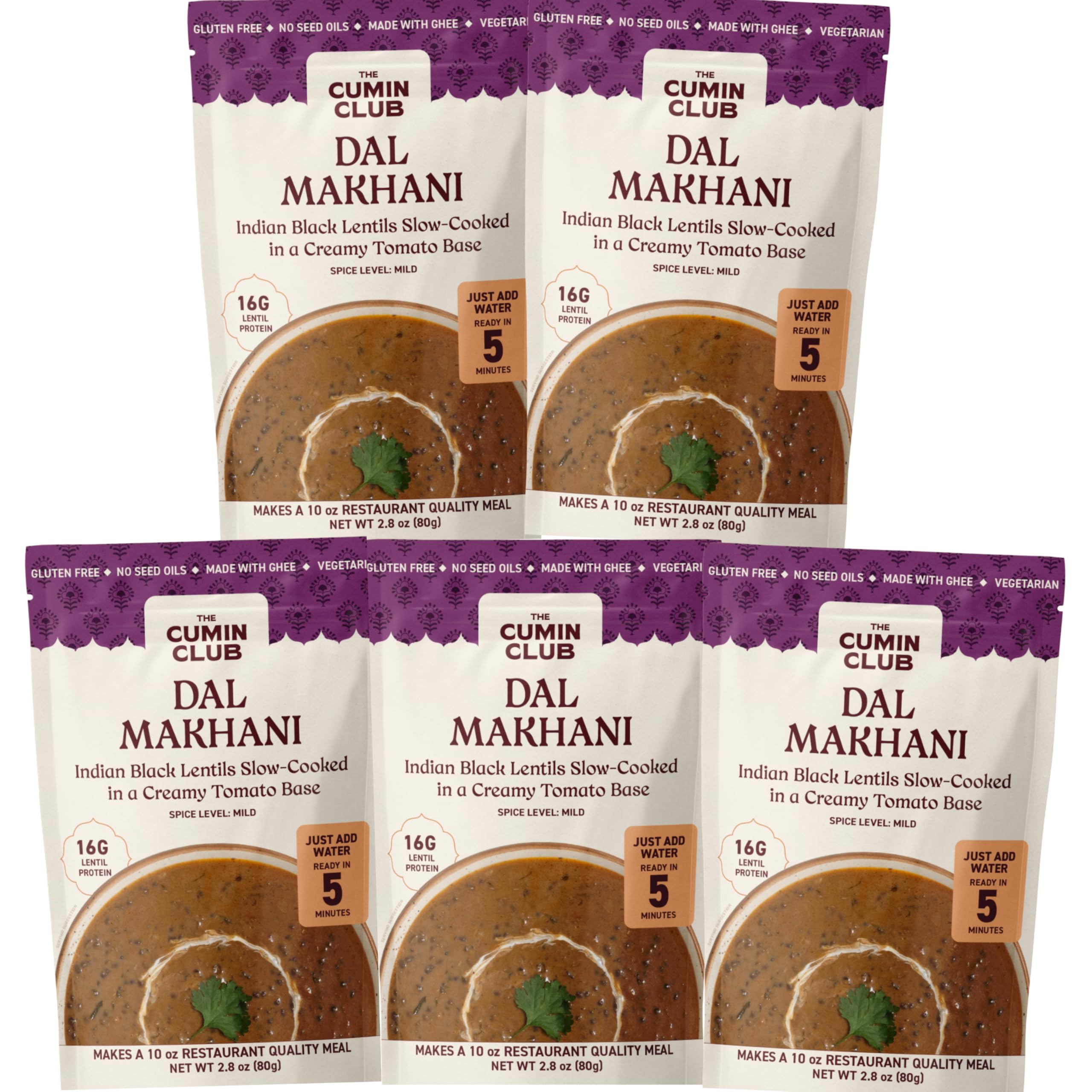 The Cumin Club Dal Makhani (Black Lentils) - Ready to Eat Indian Food, Instant Meal Curry Packet - Quick, Easy Cooking for Irresistibly Flavorful and Healthy Vegetarian Meals - Authentic Taste Pack of 5