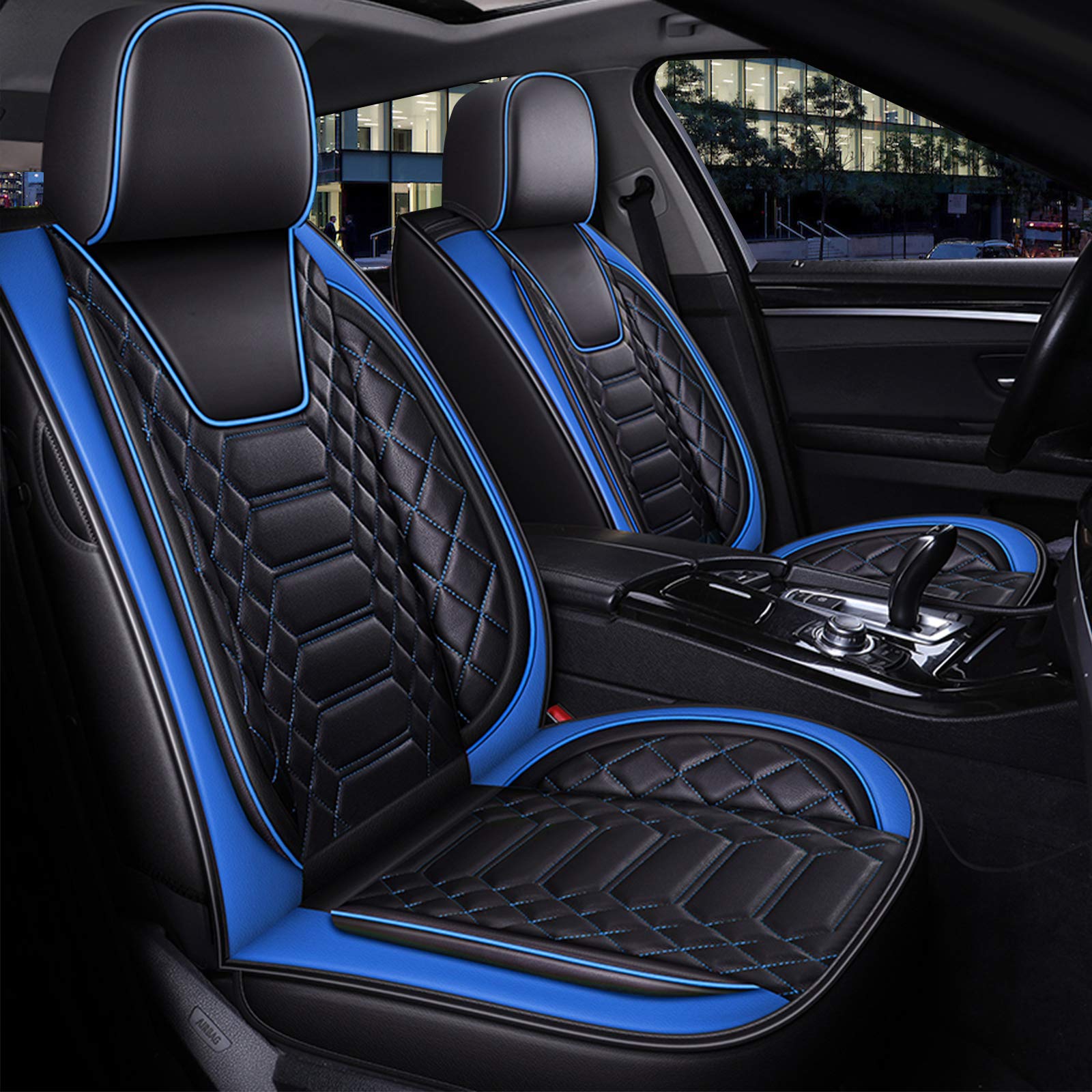 FREESOO Car Seat Covers Leather, Seat Cover Full Set Waterproof Automotive Cushion Protector Accessories Airbag Compatible Universal Fit for 5 Seats Vehicle (Black Blue 8)