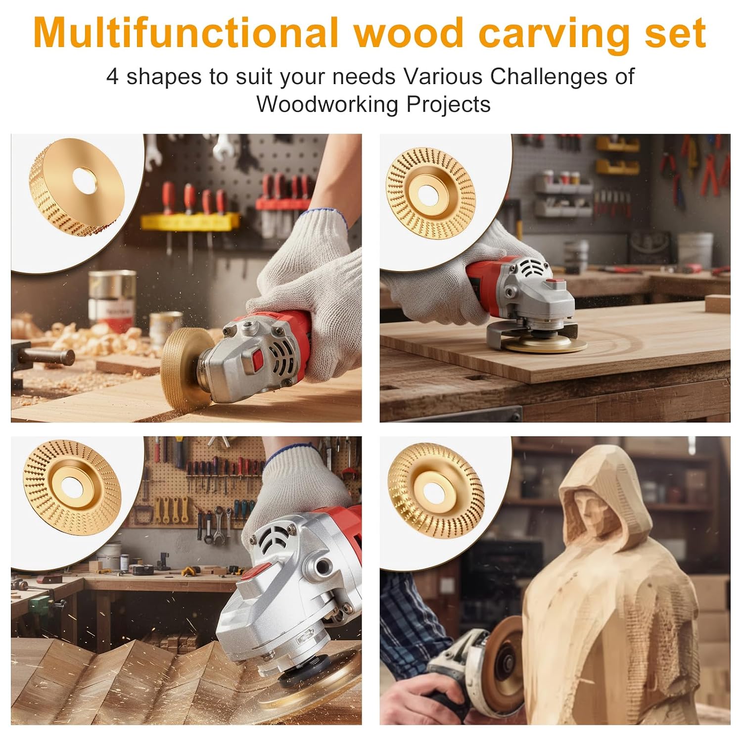 COMNICO Wood Carving Disc Set, 14 Pcs 4" or 4 1/2" Angle Grinder Attachments with 5/8" Adapter Ring Wood Grinding for Cutting Shaping Carving Sanding Polishing