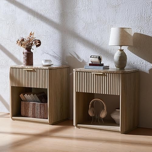Miniatura 8 de Juego de 2 mesitas de noche acanaladas, mesita de noche con parte superior de mármol sintético, mesa auxiliar de madera de ingeniería con estante