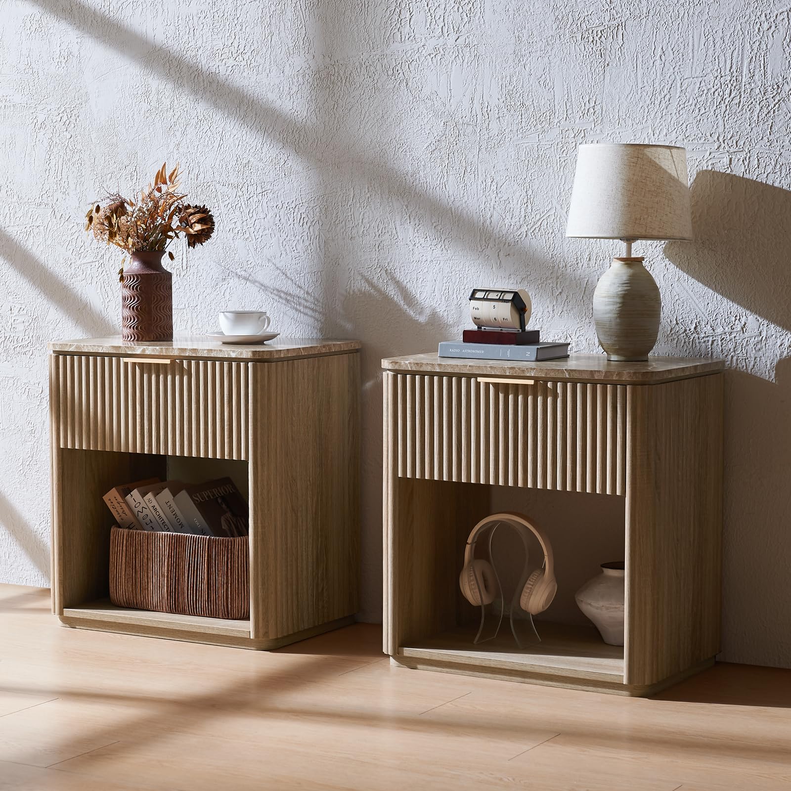 Fluted Nightstand Set of 2, Bedside Table with Faux Marble-Top, Engineered Wood Side Table with Drawer Open Shelf, Curved Corners, Modern Night Stand for Bedroom, Small Spaces, Natural Oak