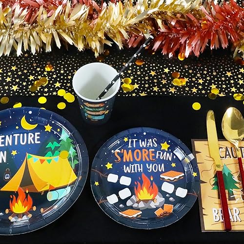 Miniatura 5 de Suministros para fiestas de campamento, fogata, senderismo, cámper, juego de platos de papel y servilletas con tazas y pajitas para 24 invitados,