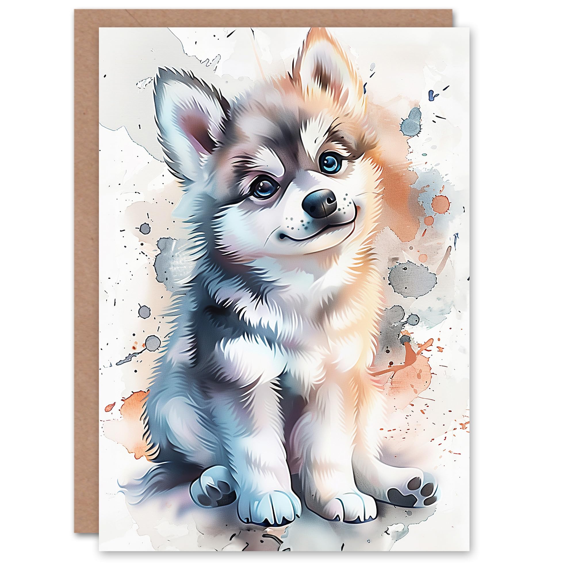Artery8 Birthday Card Dog Lover Cute Husky Puppy Watercolour For Child Kids Son Daughter Greeting Card