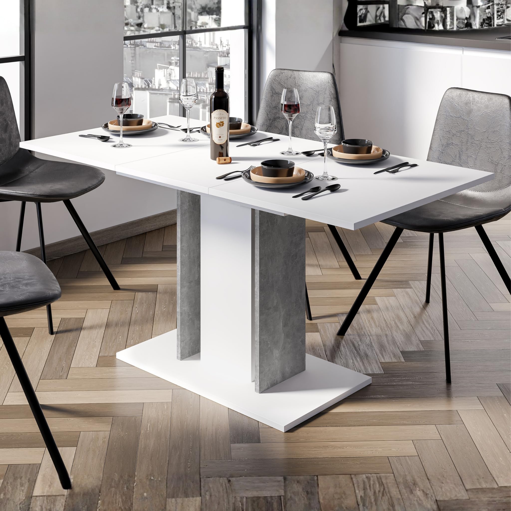 PHD FURNITURE Extendable Dining Table with Marble Effect WOOD MINI – Small Extending Table 100-140 cm for 4 Seater - Modern Design & Easy to Clean (White, Grey Concrete Effect)