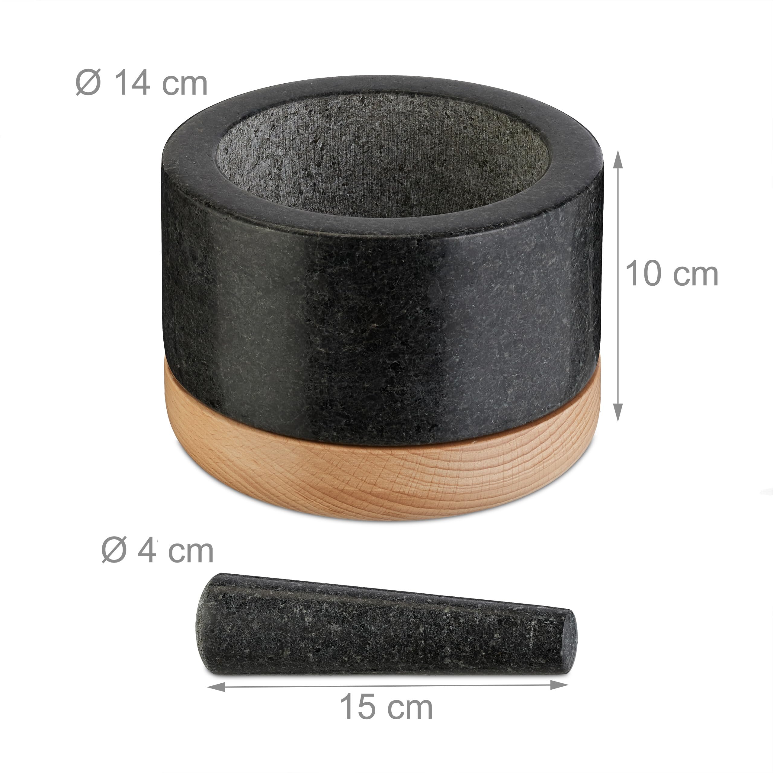 Relaxdays Mörser mit Stößel, Holzuntersetzer, Granit, HxD: 8,5 x 14 cm, Steinmörser, Gewürze & Kräuter, schwarz/natur