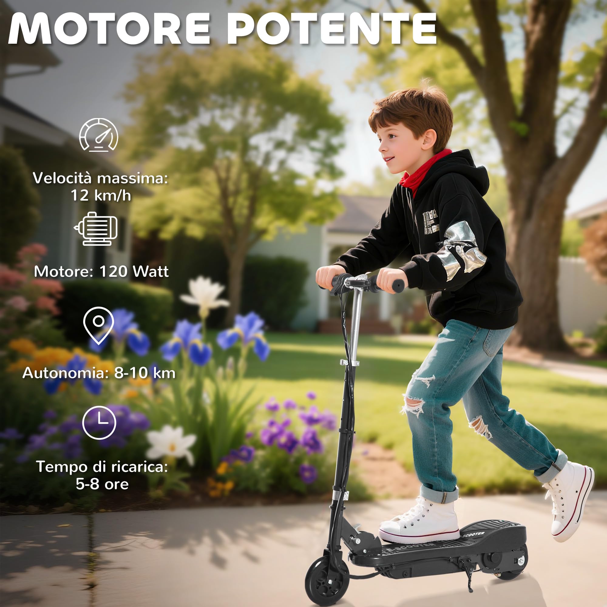 HOMCOM Monopattino Elettrico per Bambini Pieghevole 120W, Altezza Regolabile, Scooter per Bambini con Ruote in PU, Freno Posteriore, Velocità Max 12km/h e Portata 50kg, 7-14 Anni, 74x36x69-91 cm, Nero