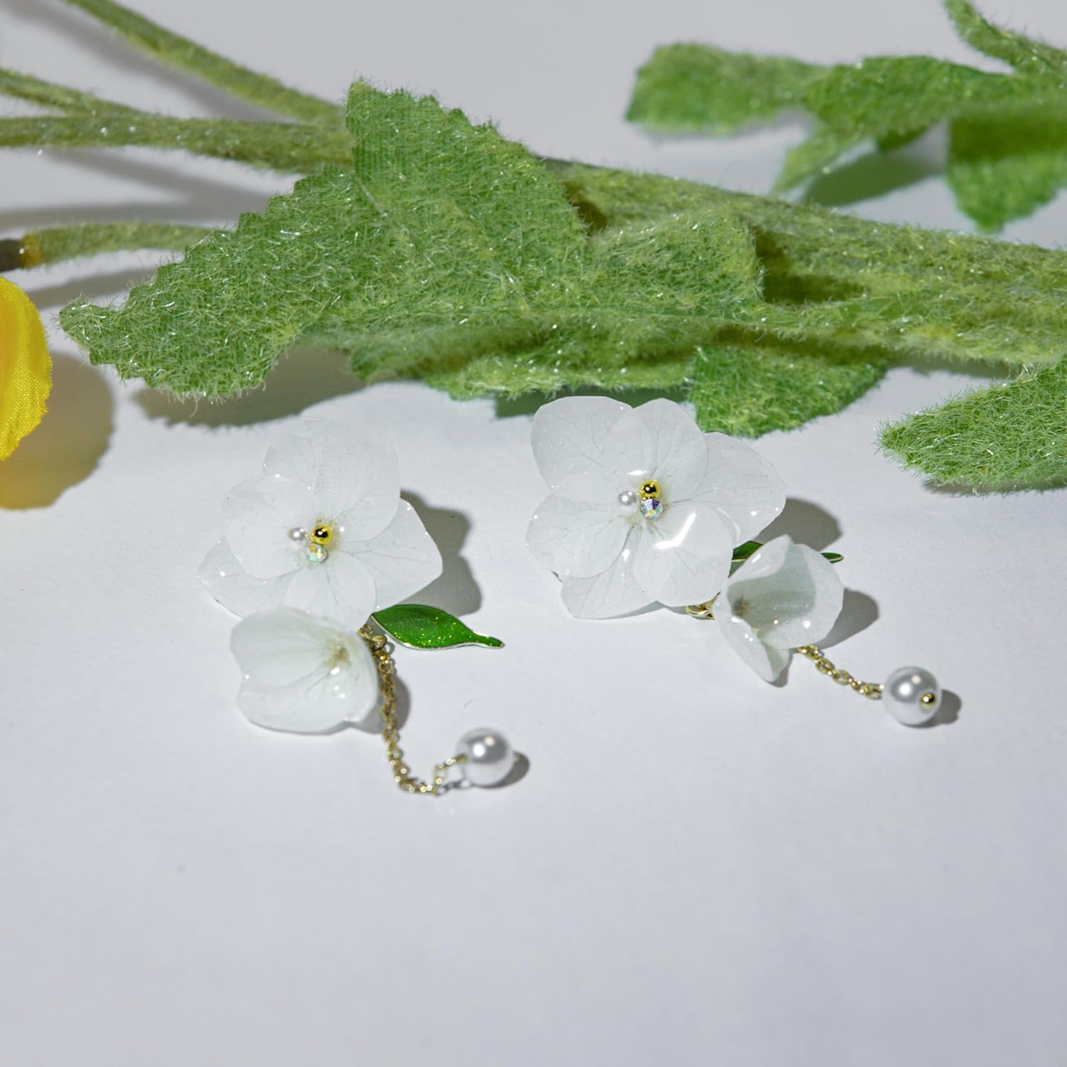 Handmade Real Hydrangea Flower Earrings | French Romantic Pearl Tassel Dangle Earrings | Original Design Resin Studs | Preserved Flower Gift for Women - Image 2