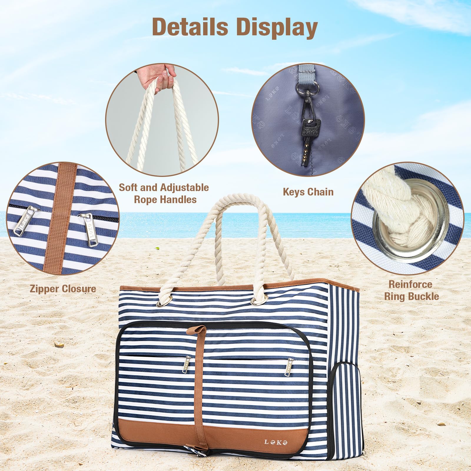 Bolsa de Playa Grande XXL con Cremallera para Mujer, Bolso Familiar Impermeable y Plegable, Tote Bag con Compartimento Húmedo, Zapatos y 8 Bolsillos