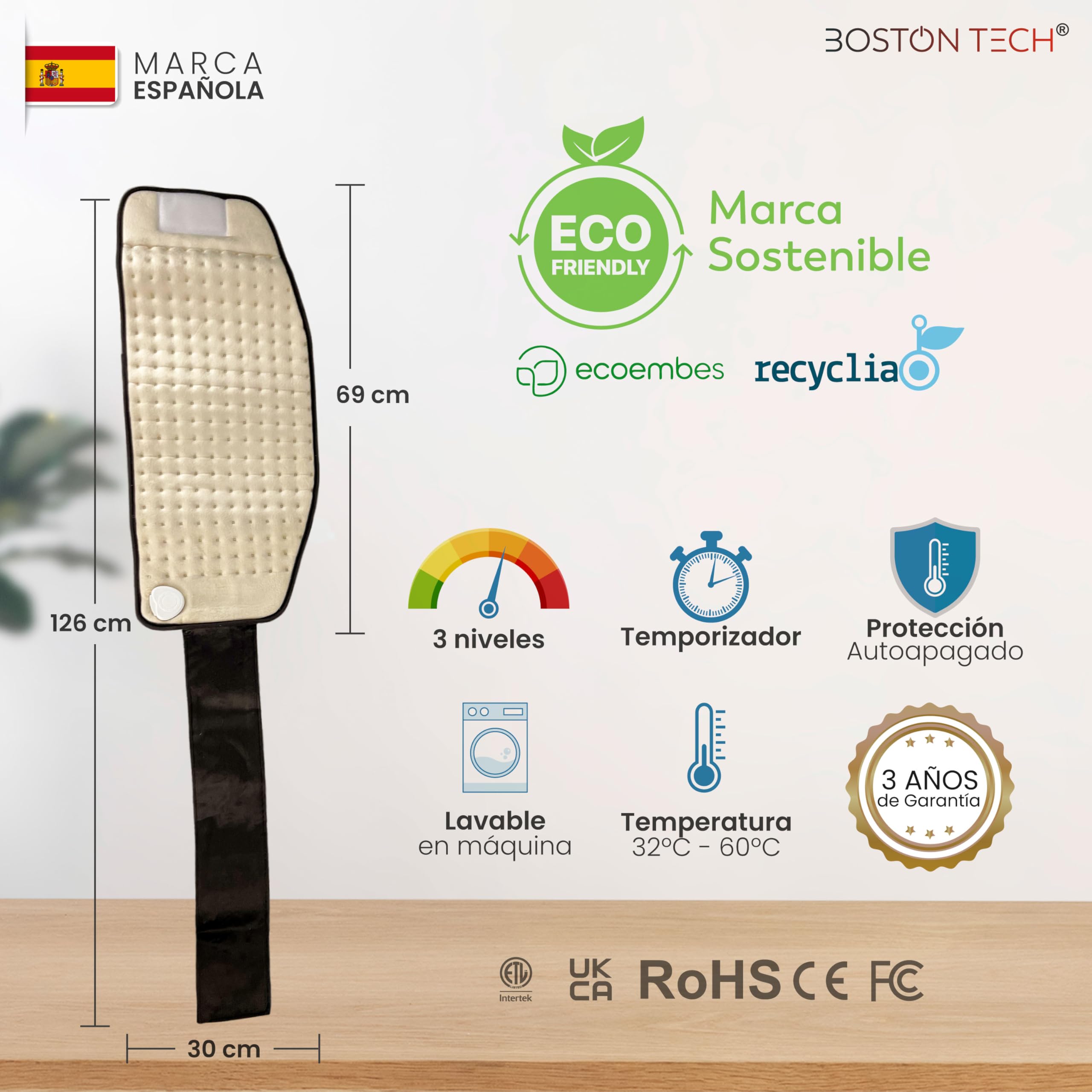 Almohadilla Térmica Eléctrica WarmFlex | Suave Microfibra 29x69 cm | Calentamiento Rápido | Alivio del Dolor | 3 Niveles de Temperatura | Display Iluminado | Lavable a Máquina + Cinturón Ajustable