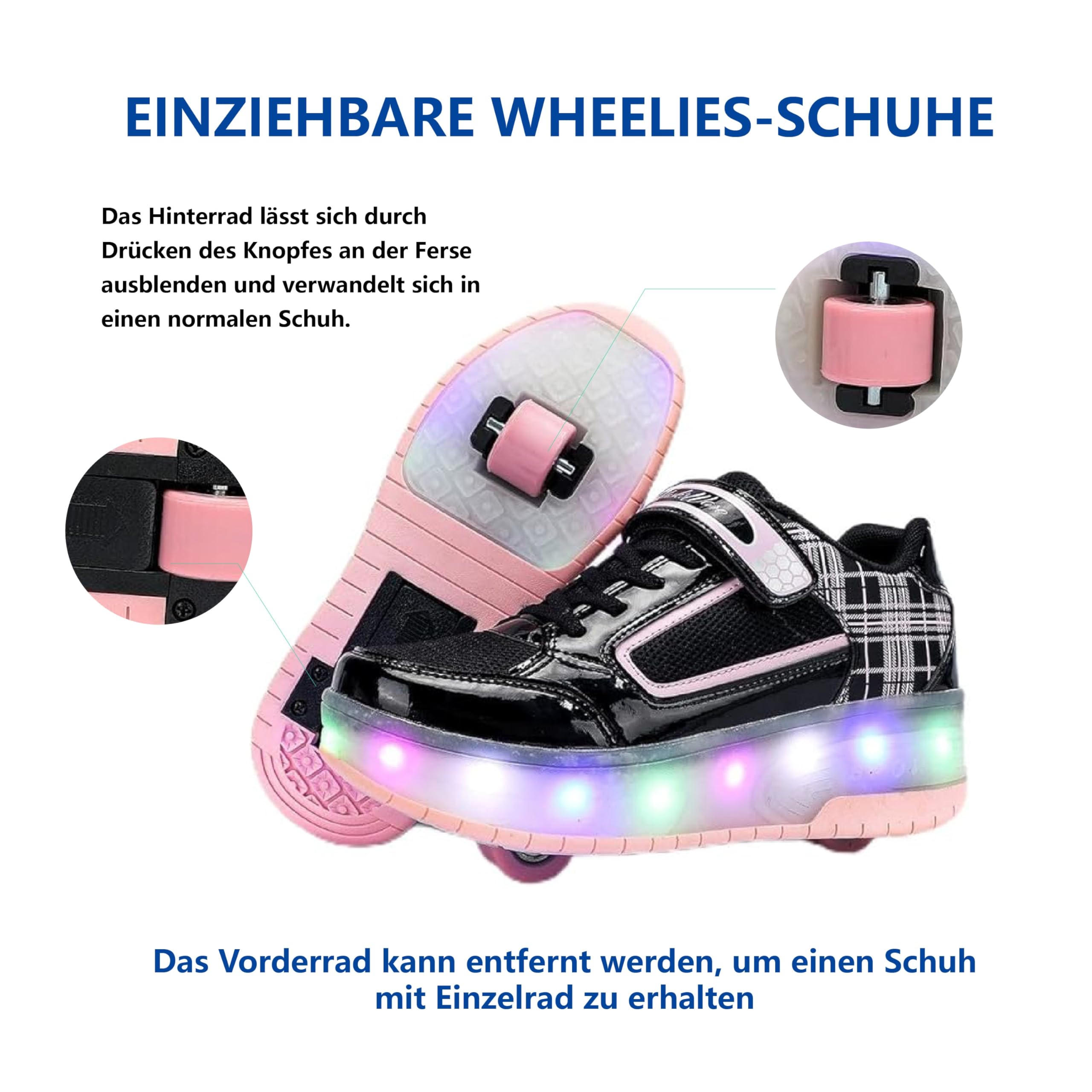 Ragazzi Ragazze Scarpe da Skateboard con 2 Ruote Automatiche, Pattini a rotelle per Bambini con Doppie Ruote, Scarpe da Fitness per Esterno Sneakers, Nero-Rosa, Nero-Bianco, 31-39 EU