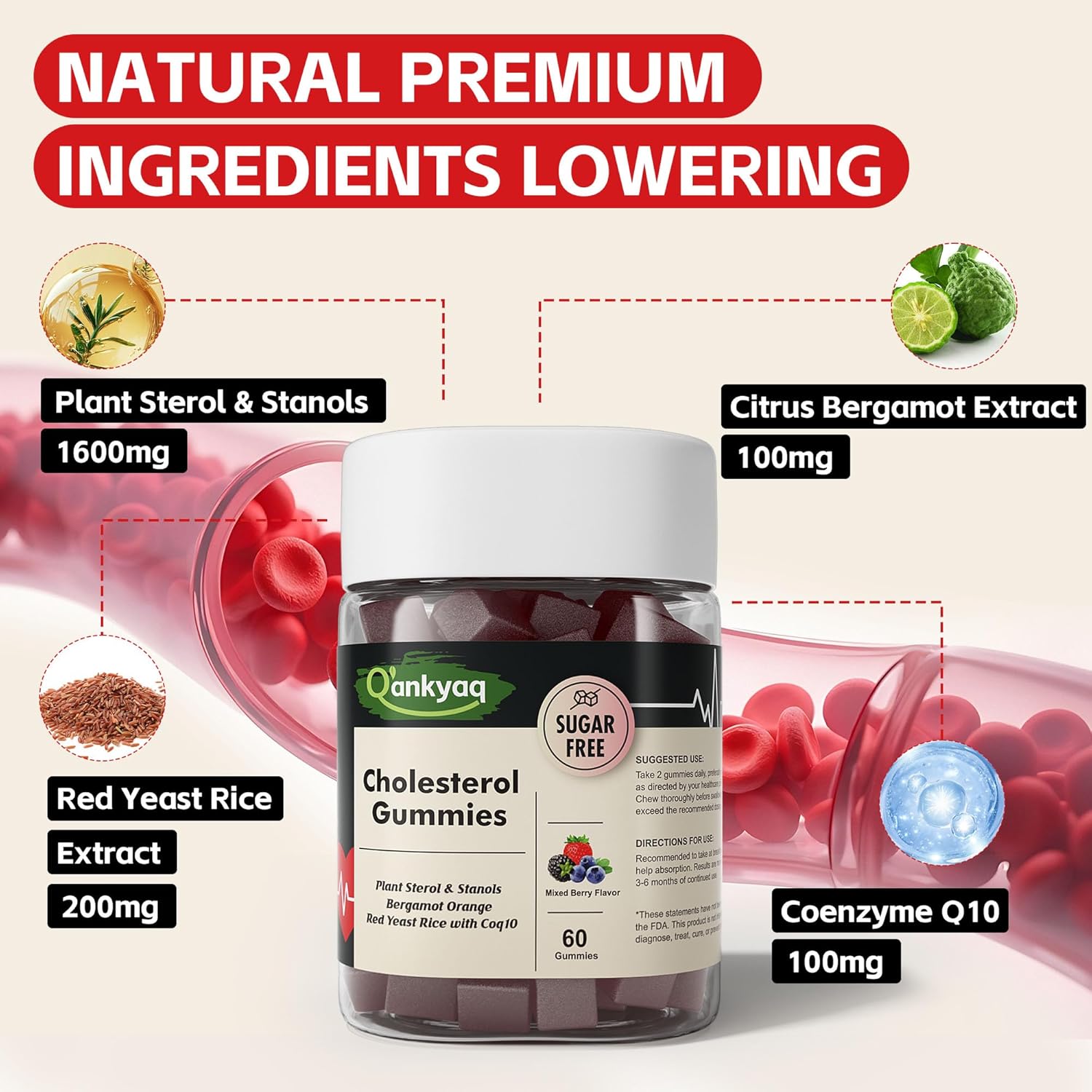 Cholesterol Lowering Gummies, Plant Sterols & Stanols Supplement, LDL Cholesterol Lowering with Red Yeast Rice, Citrus Bergamot and CoQ10 for Women & Men, Sugar Free, 60 Counts