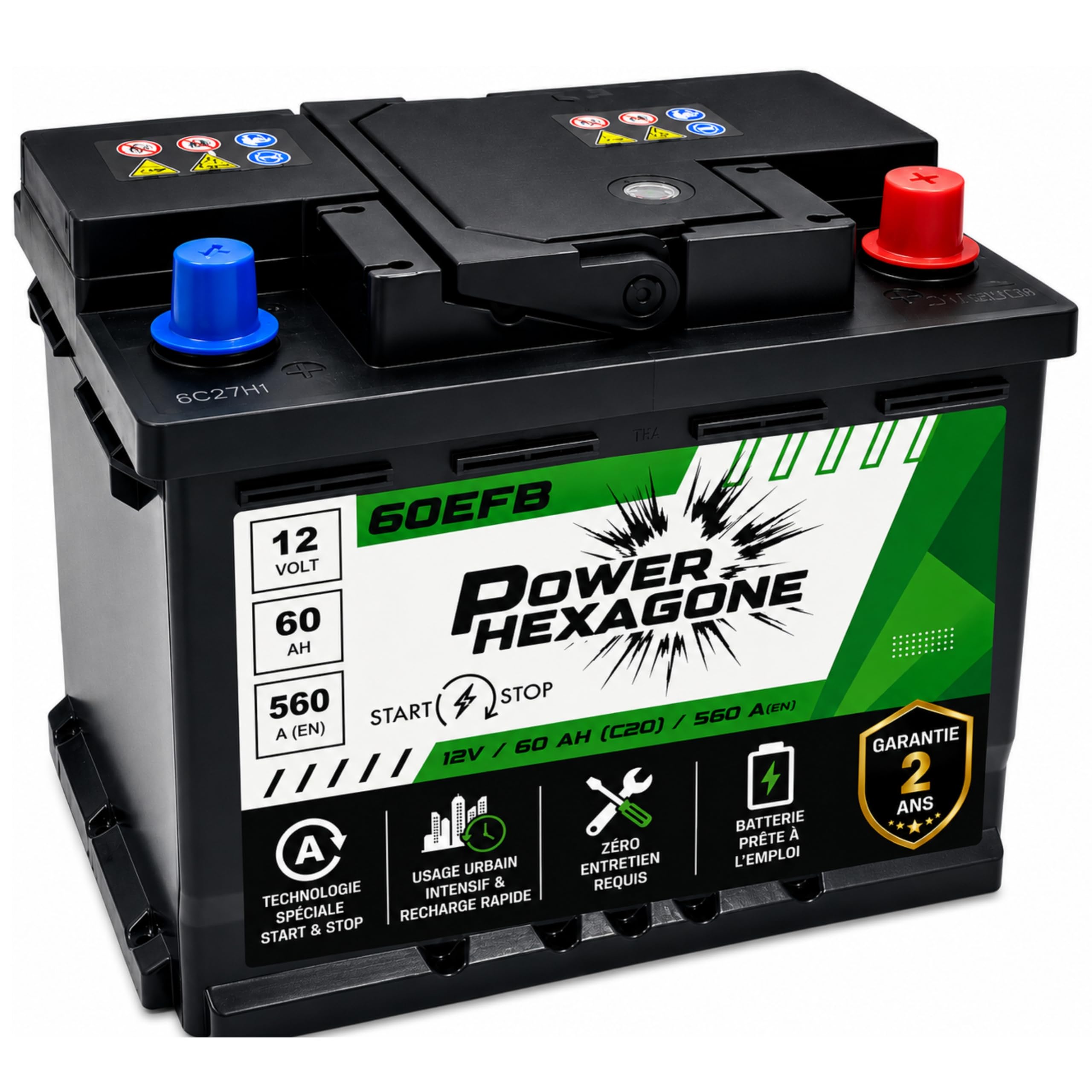 Batterie 12V 60Ah EFB Start & Stop - 560A de Démarrage - Batterie Auto Sans Entretien - Format standard pour citadine et berline - Remplacement Origine - Power Hexagone