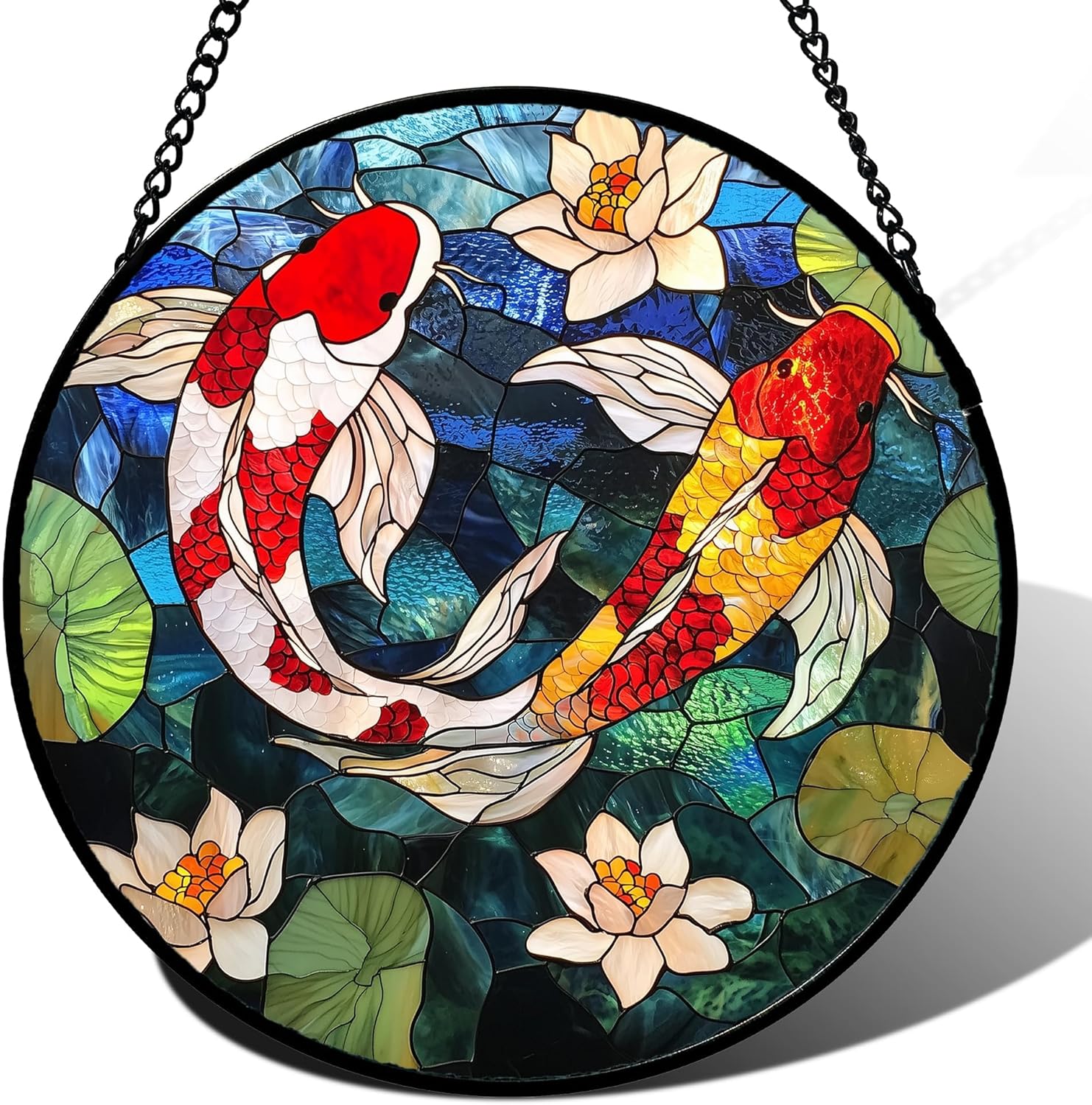Stained Glass Window Hanging, Koi and Lotus Sun Catcher for Door Home Decor Fish Suncatcher Christmas Mother's Day Birthday Gifts for Women Men Mom and Nana 7.8 in