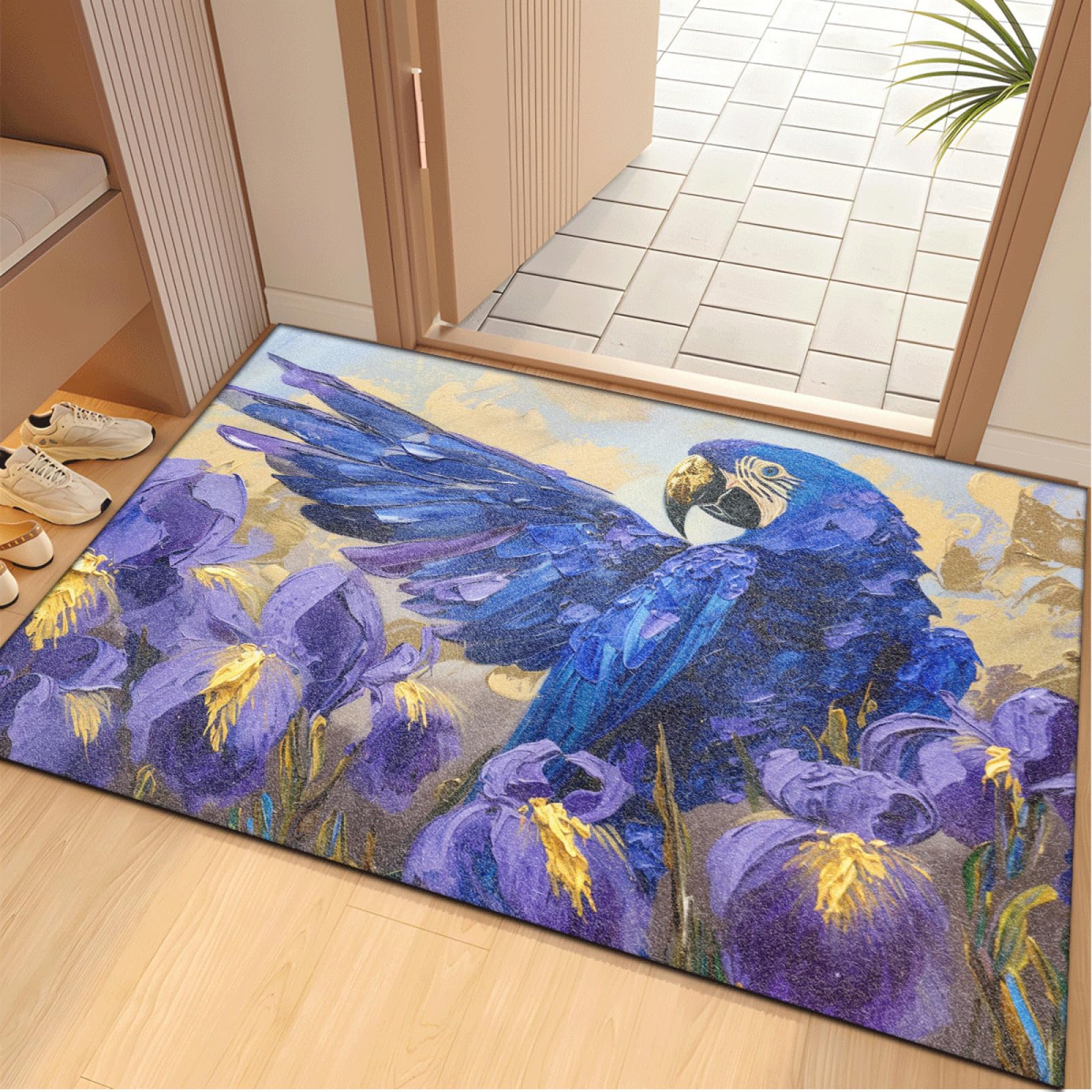 Fussmatte Innen 80x120 cm Papagei Lila Blume Fussmatte Aussen rutschfeste für Hund Eingang Badematte Waschbar Schmutzfangmatte Strapazierfähige und Langlebige Fussmatten Haustür