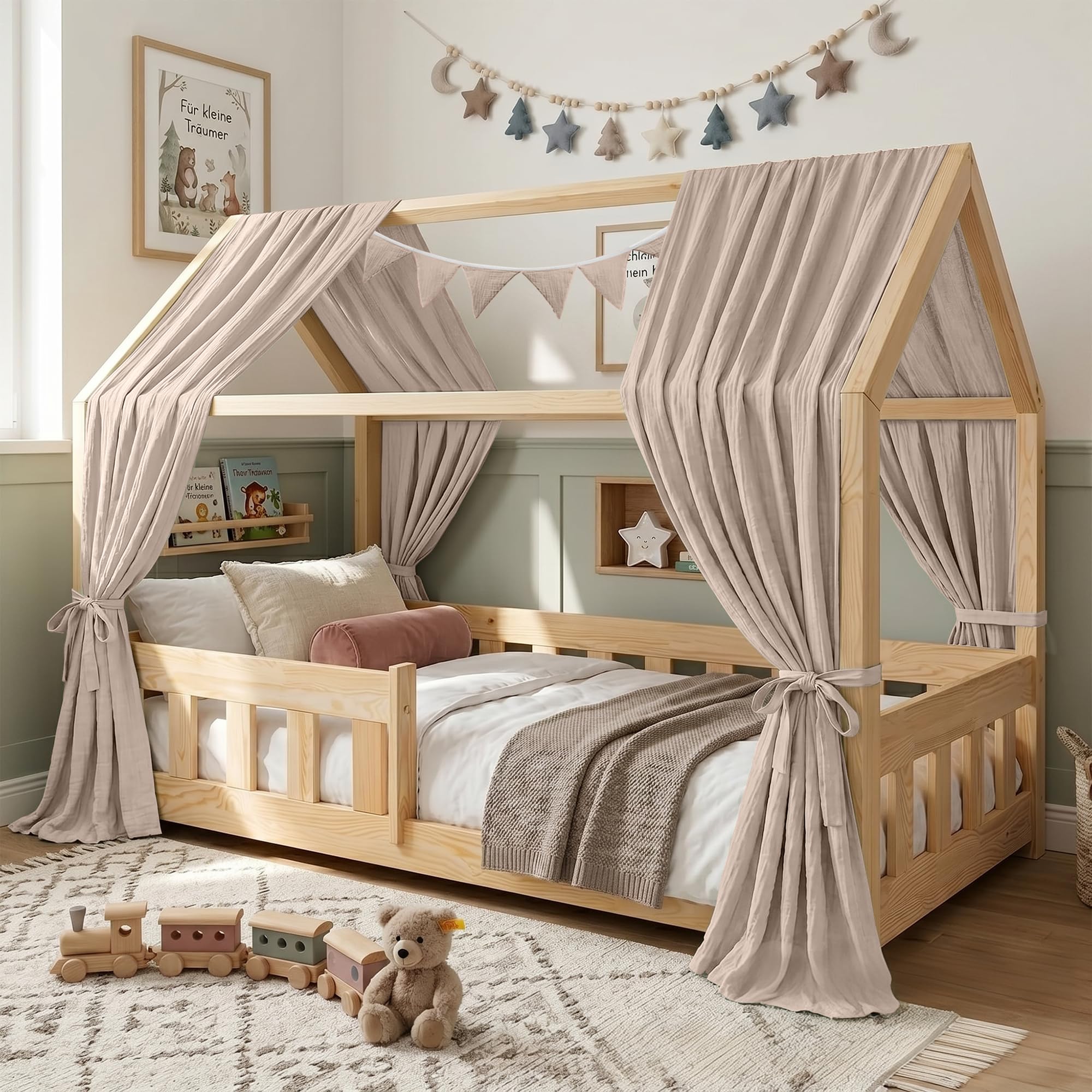 Hausbett Himmel Kinder Betthimmel Kinderbett mit 3m Wimpelkette, Hellgrau | Betthimmel Hausbett aus 100% Baumwolle Musselin - Stoffhimmel für Hausbett Deko Mädchen & Jungen - Himmel für Hausbett Kinder