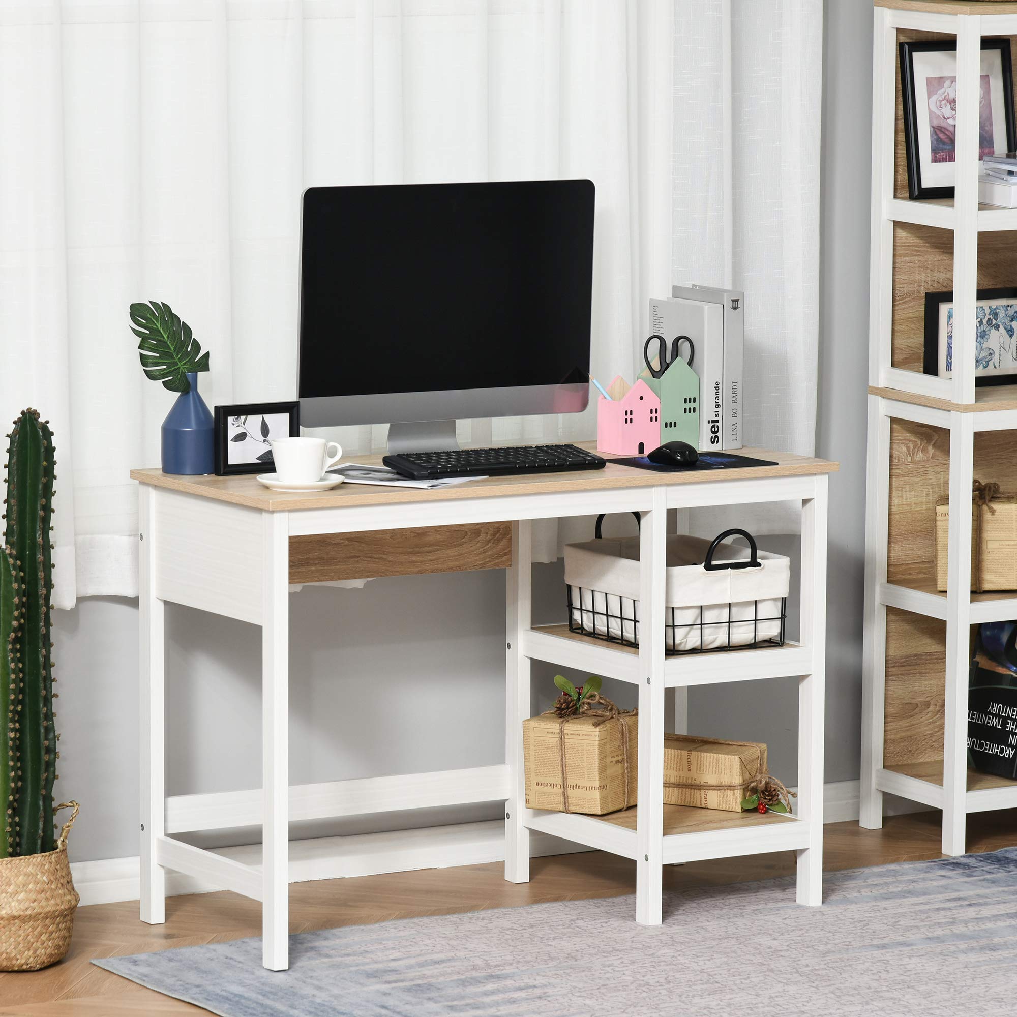 HOMCOM Bureau Informatique Multimédia 110Lx48lx76H cm Chêne Clair Blanc | 2 Étagères Latérales, MDF E1, Bureau Avec Rangement