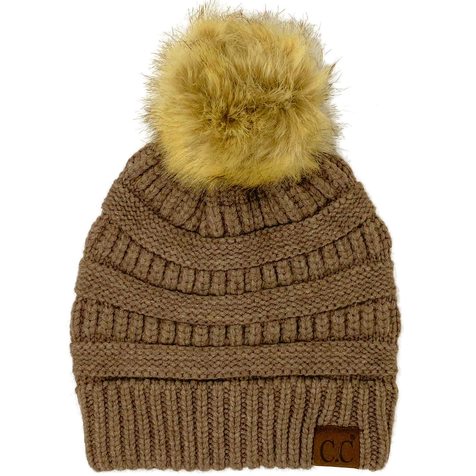 CC Fur Pom Winter Fall Trendy Chunky Stretchy Cable Knit Beanie Hat