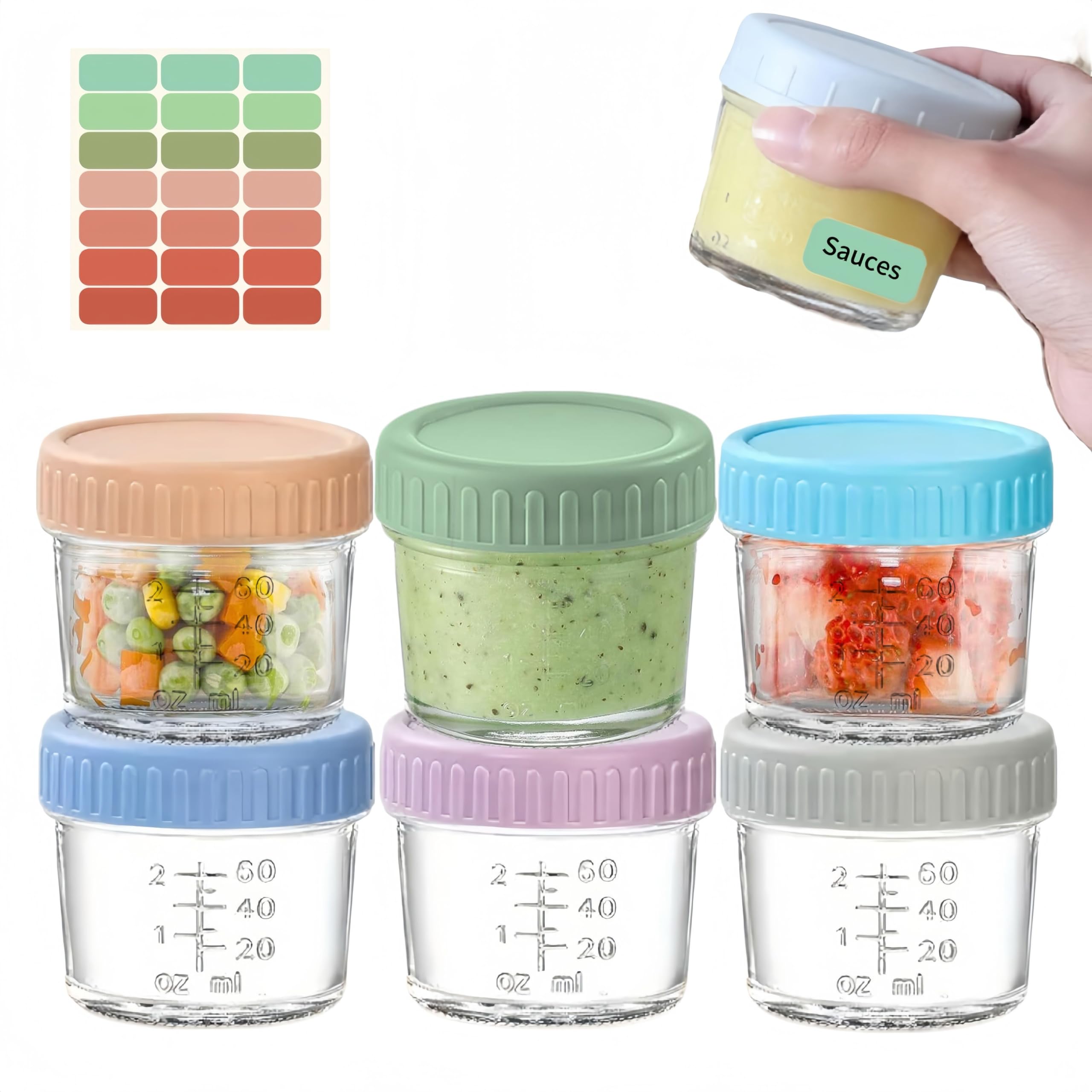TANGELTECH 6 PCS Glass Baby Food Storage Containers with Sticker - 4.2 oz (120ml) Freezer Safe Jars with Lids, Small Glass Baby Puree Containers Reusable Sauce Containers for Lunch Box Work Trip