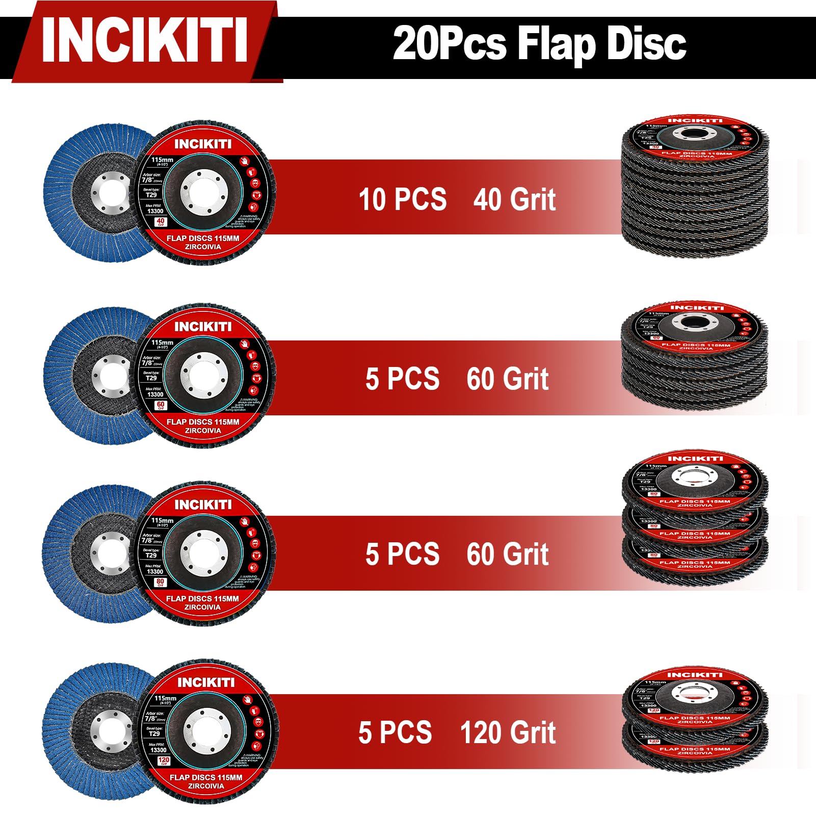 INCIKITI Lot de 20 disques abrasifs à lamelles 115 mm pour meuleuse d'angle, disques abrasifs à grain 40 pour meuleuse d'angle, disques de meulage de type 29 115 mm pour métal, bois, acier inoxydable