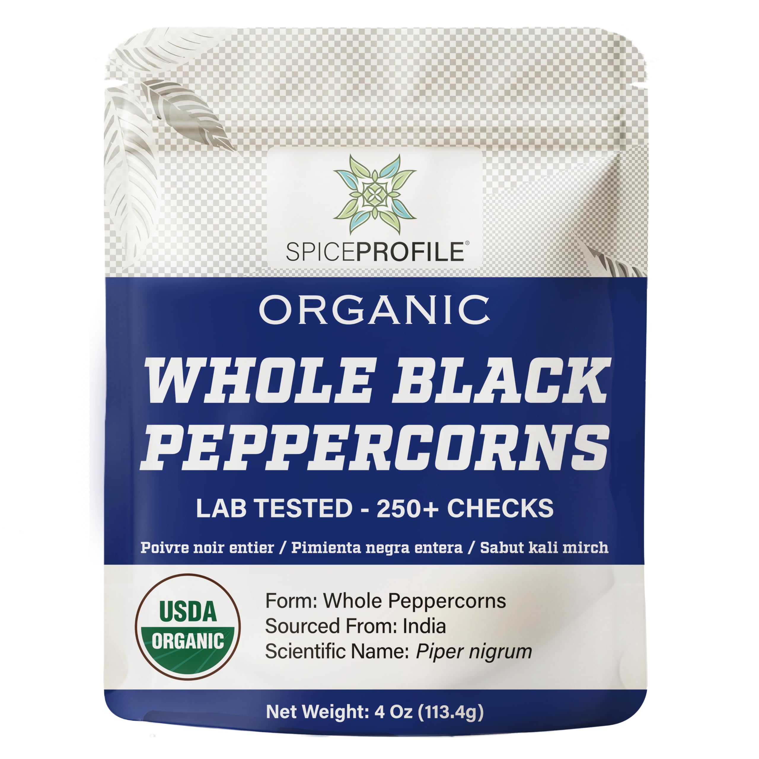 Spice Profile USDA Organic Black Peppercorns Whole, Lab Tested for Heavy Metals, Resealable 4oz Pouch, Kali Mirch, Pimienta Negra en Granos