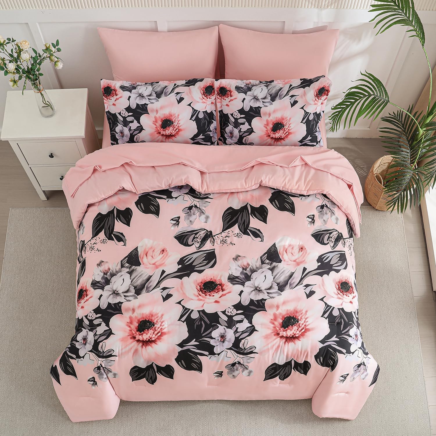 Yogeneg King Size Comforter Set 7 Piece Bed in a Bag,Pink Black Floral Botanical Pattern Blush Bedding Set,Soft Microfiber Comforter with Sheet Set,All Season Bed Set(Pink Black,King) - Image 3