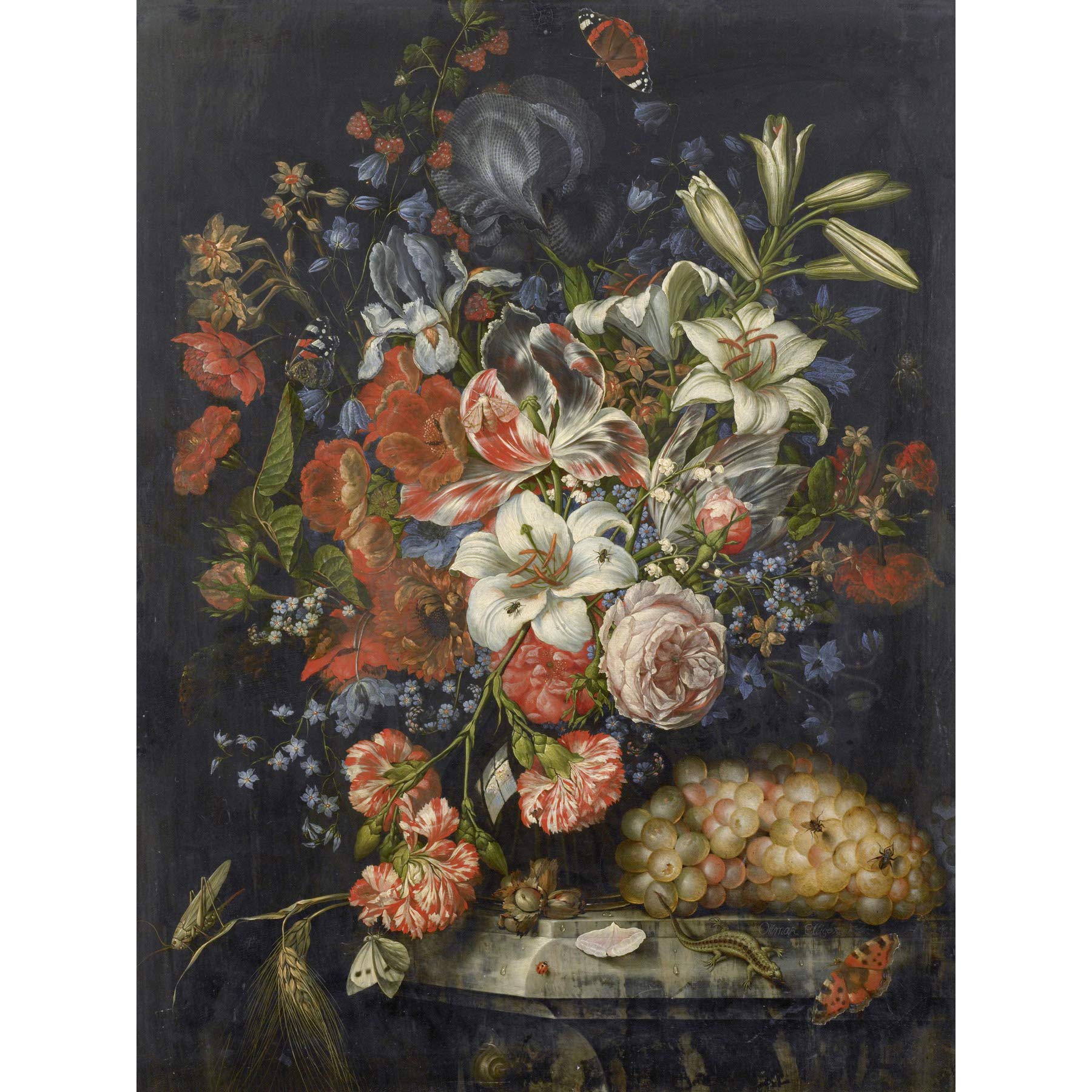 Artery8 Elliger Still Life Flowers Fruit Bouquet Grapes Premium Wall Art Canvas Print 18X24 Inch